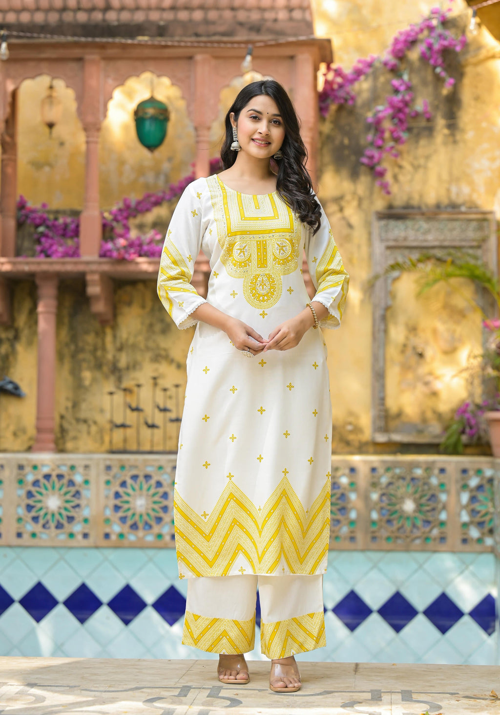 Juniper Mustard Ethnic Motif Printed Viscose Kurta Pant And Dupatta Set With Sequins & Beads