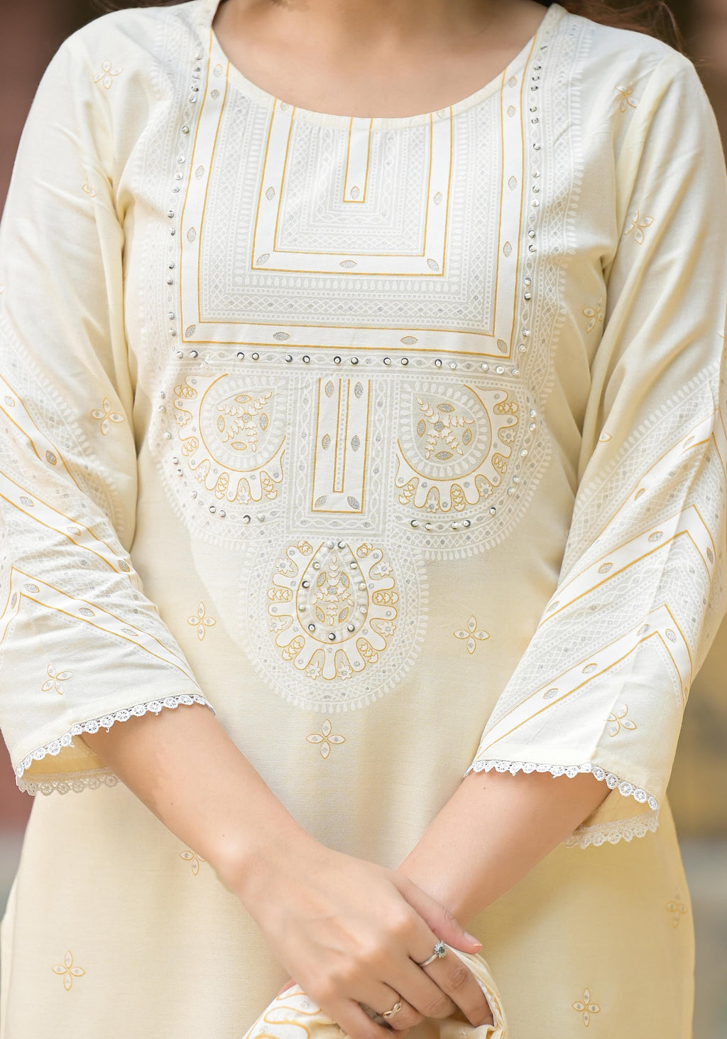 Juniper White Ethnic Motif Printed Viscose Kurta Pant And Dupatta Set With Sequins & Beads