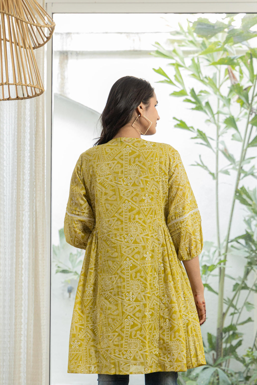 Juniper Lemon Ethnic Motif Printed Cotton Kurta With Button Closure