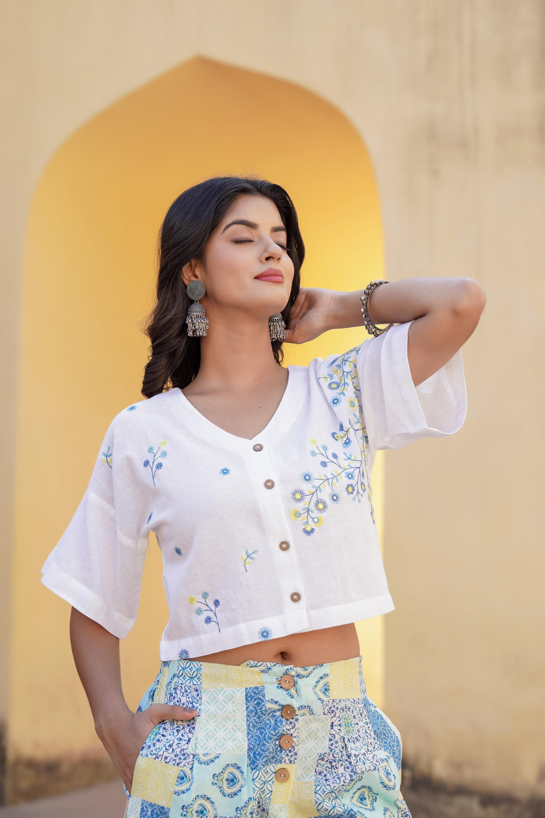 Juniper Blue Ethnic Motif Printed Viscose Top & Palazzo With Thread & Mirror Work