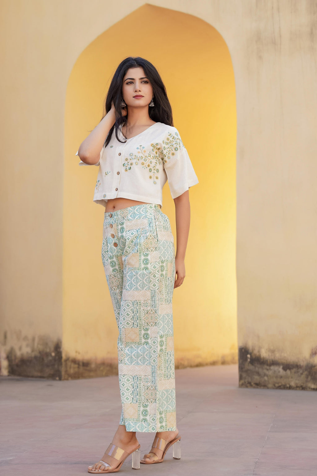 Juniper White & Mint Green Ethnic Motif Printed Viscose Top & Palazzo With Thread & Mirror Work
