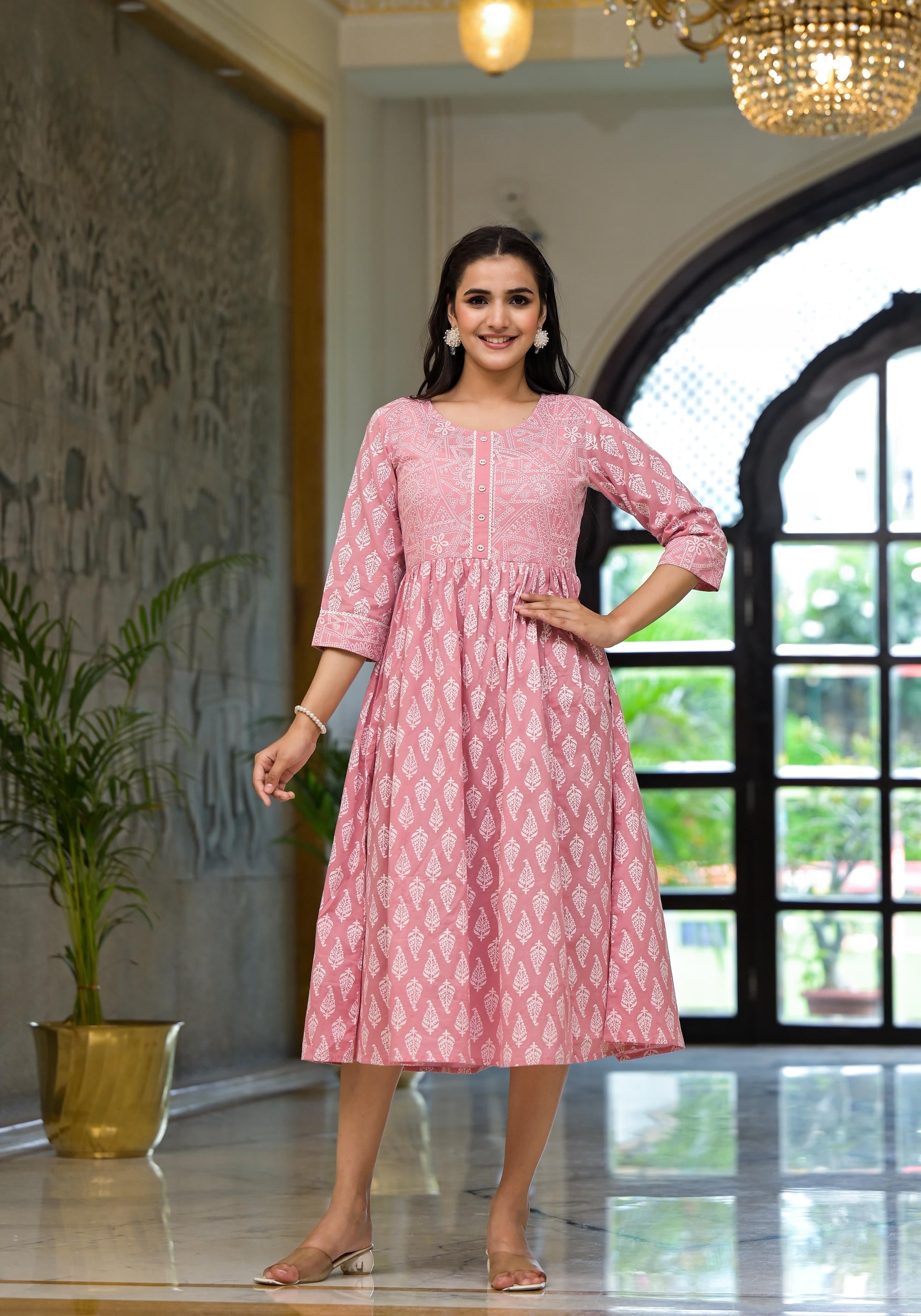 Juniper Pink Ethnic Motif Printed Cotton Short Dress With Button & Lace