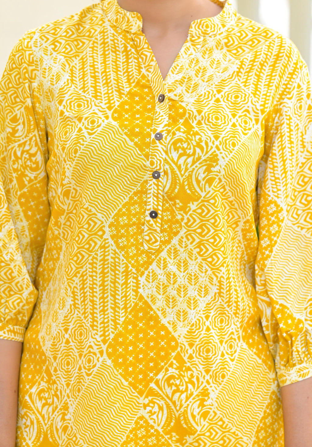 Juniper Mustard Ethnic Motif Printed Tunic With Button