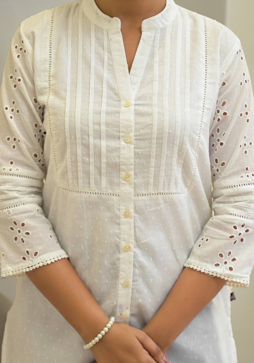 Juniper White Solid Cotton Tunic With Schiffli Work