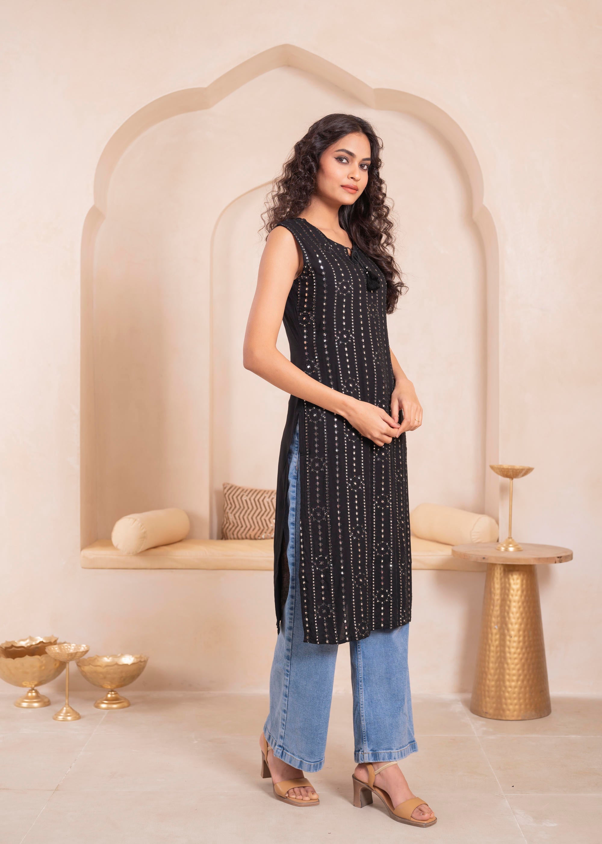 Juniper Black Geometric Embroidered Viscose Kurta with Mirror & Thread Work
