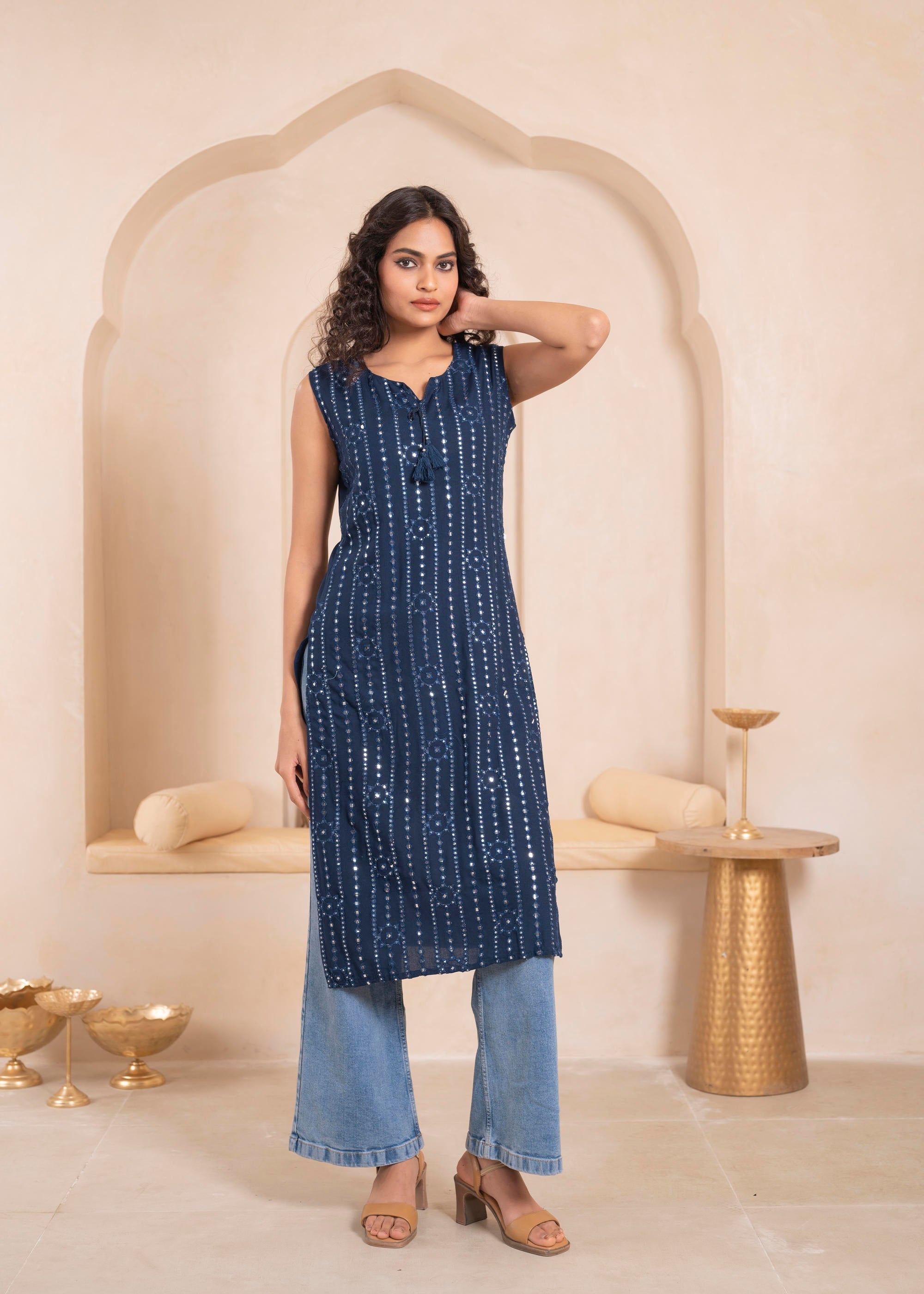 Juniper Navy Geometric Embroidered Viscose Kurta with Mirror Work and Tassels