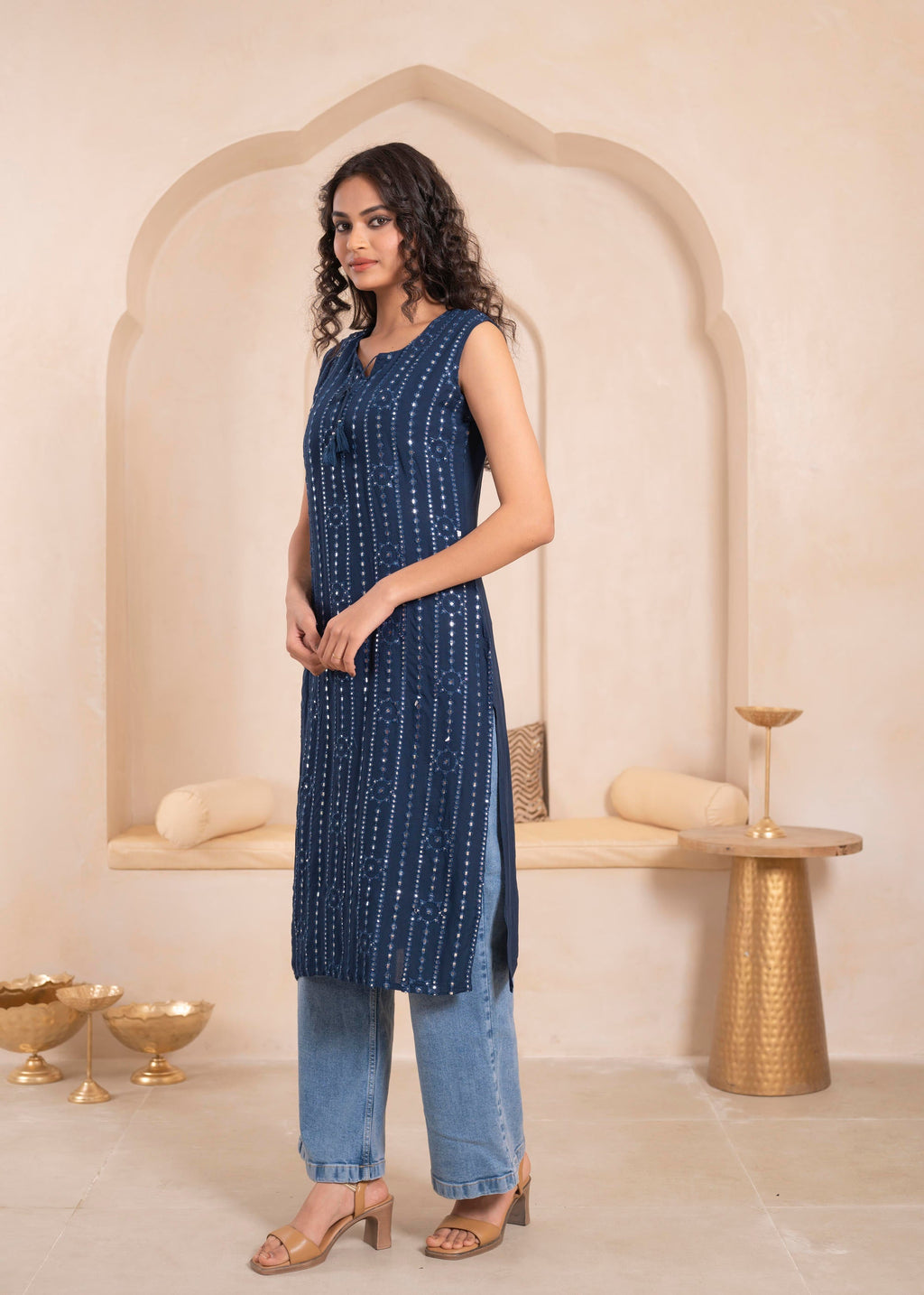 Juniper Navy Geometric Embroidered Viscose Kurta with Mirror Work and Tassels