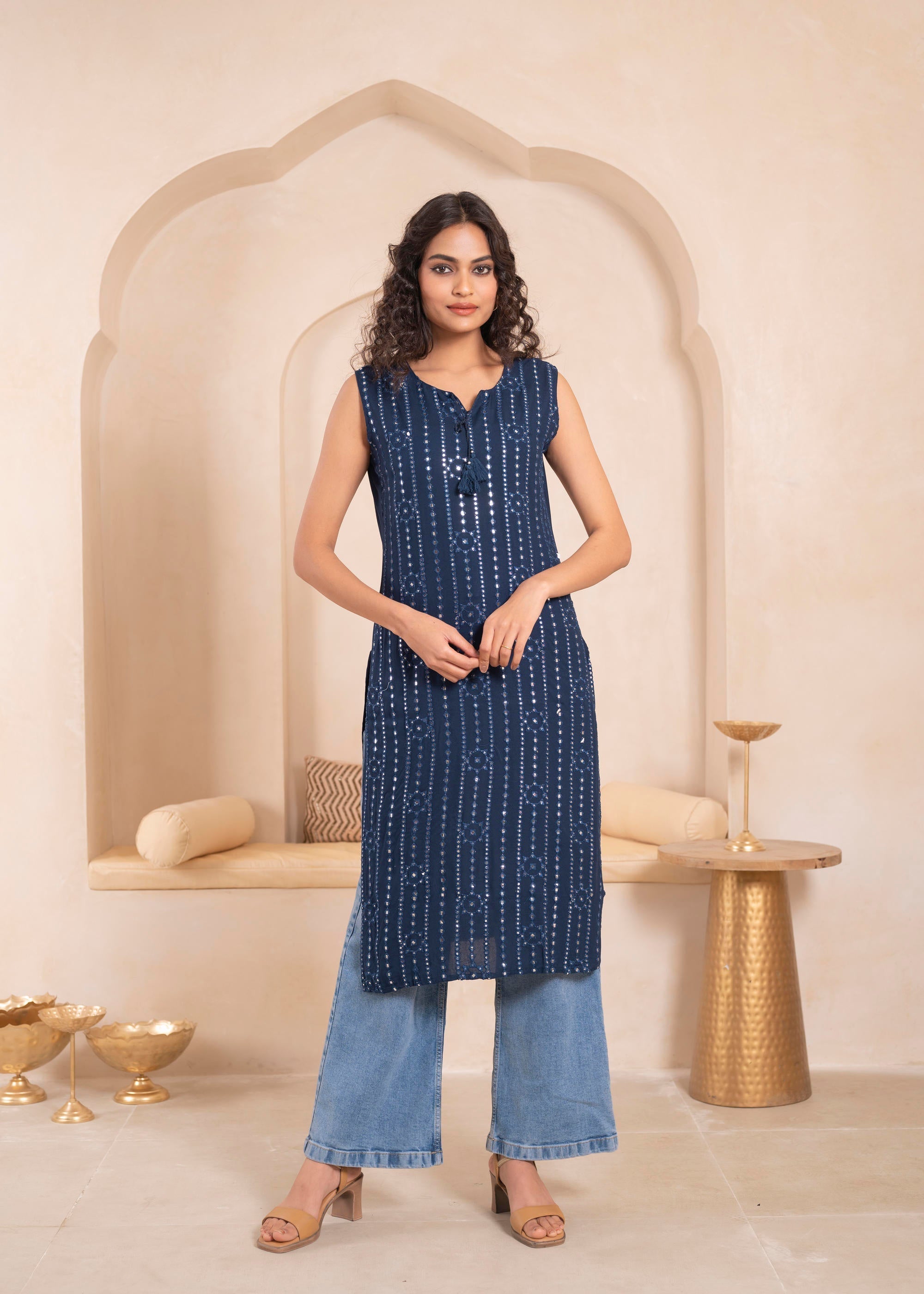 Juniper Navy Geometric Embroidered Viscose Kurta with Mirror Work and Tassels