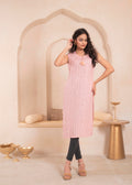Juniper Pink Geometric Embroidered Viscose Kurta with Mirror Work and Tassels