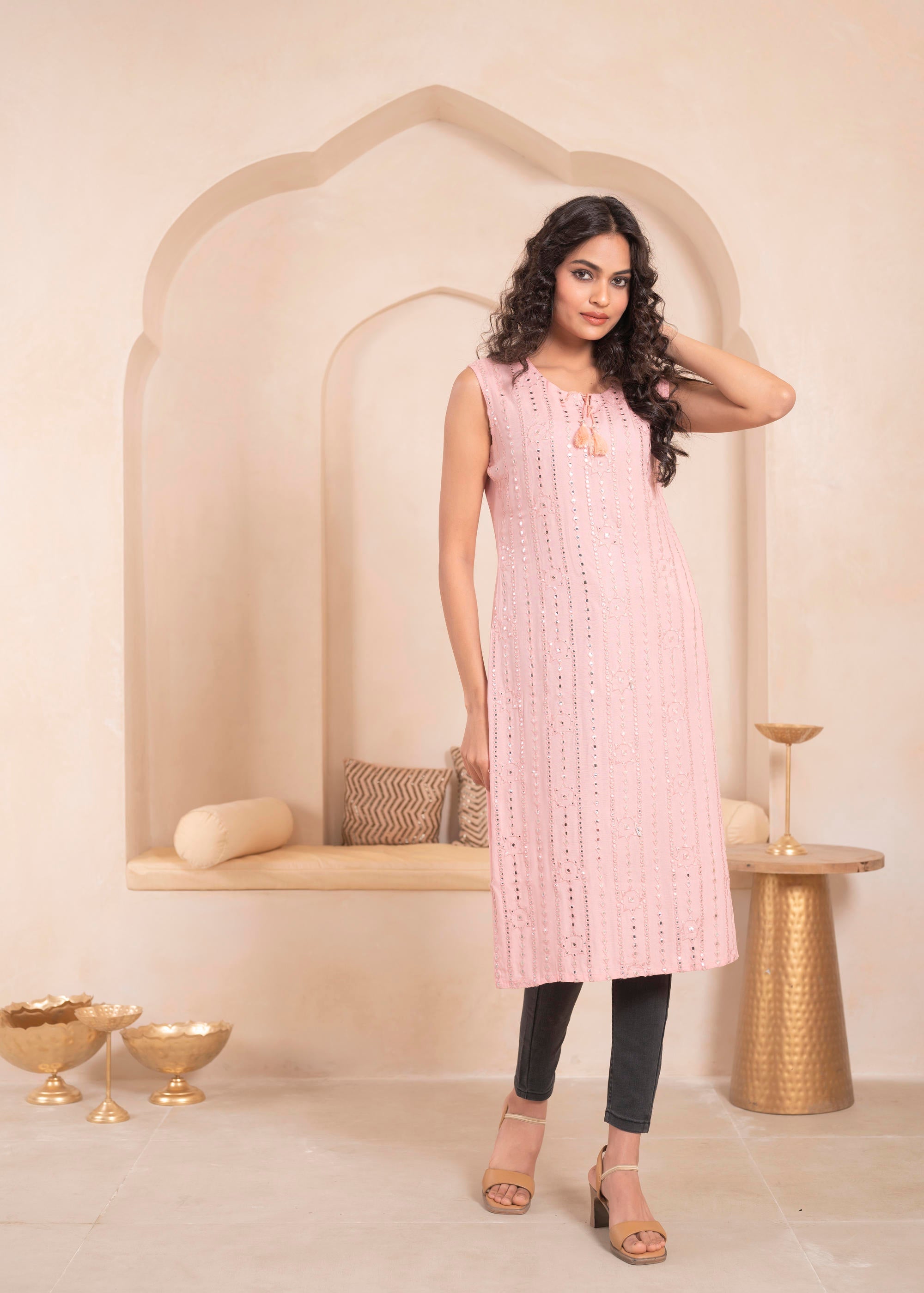 Juniper Pink Geometric Embroidered Viscose Kurta with Mirror Work and Tassels