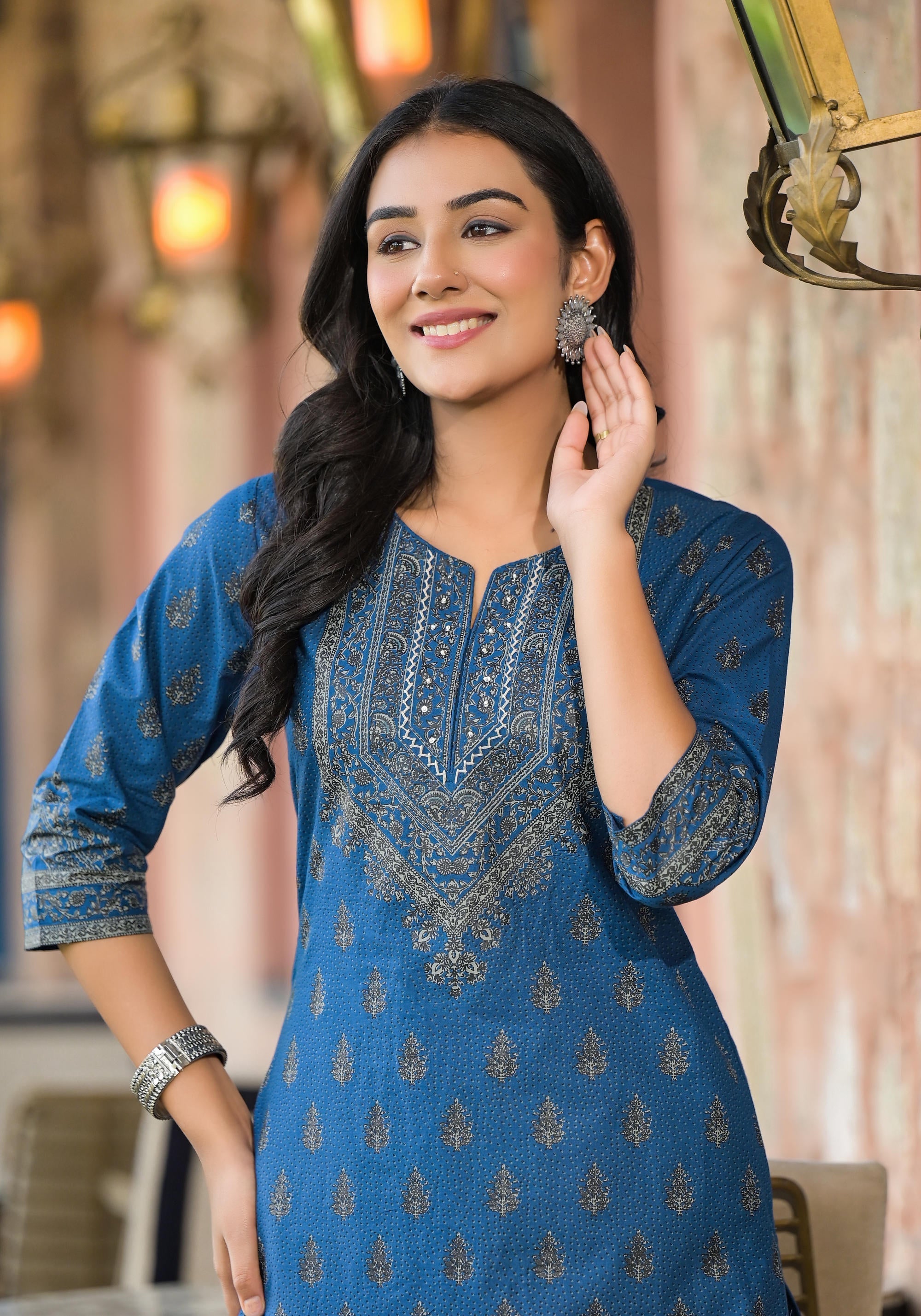 Juniper Women's Blue Ethnic Motif Printed Cotton Kurta