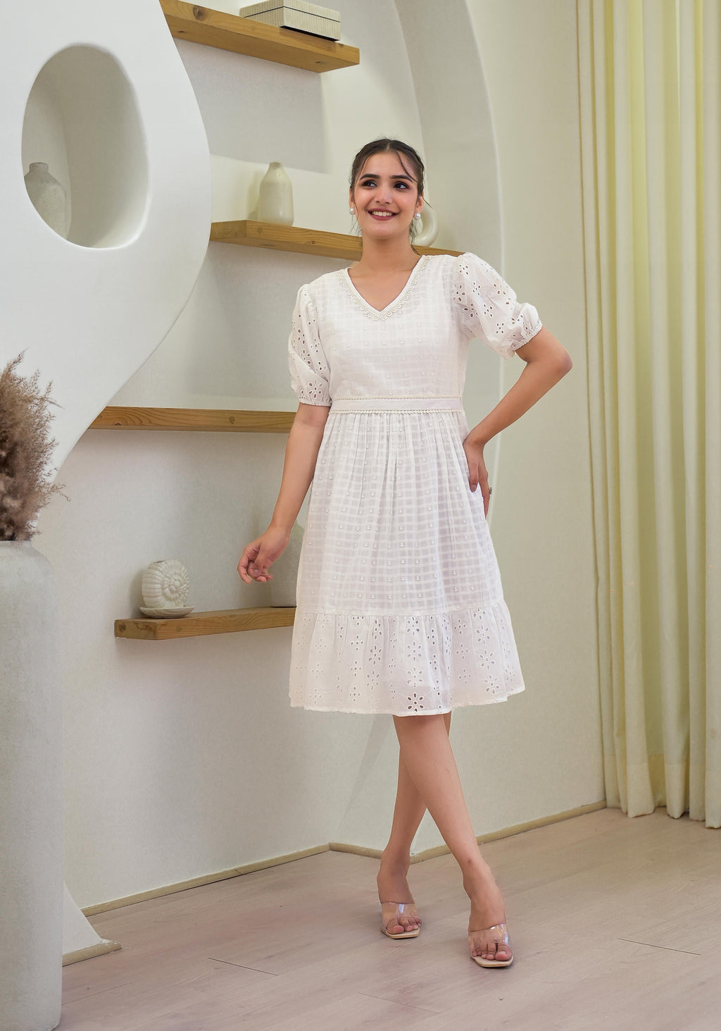 Juniper Women's White Solid Cotton Short Dress With Schiffili Work