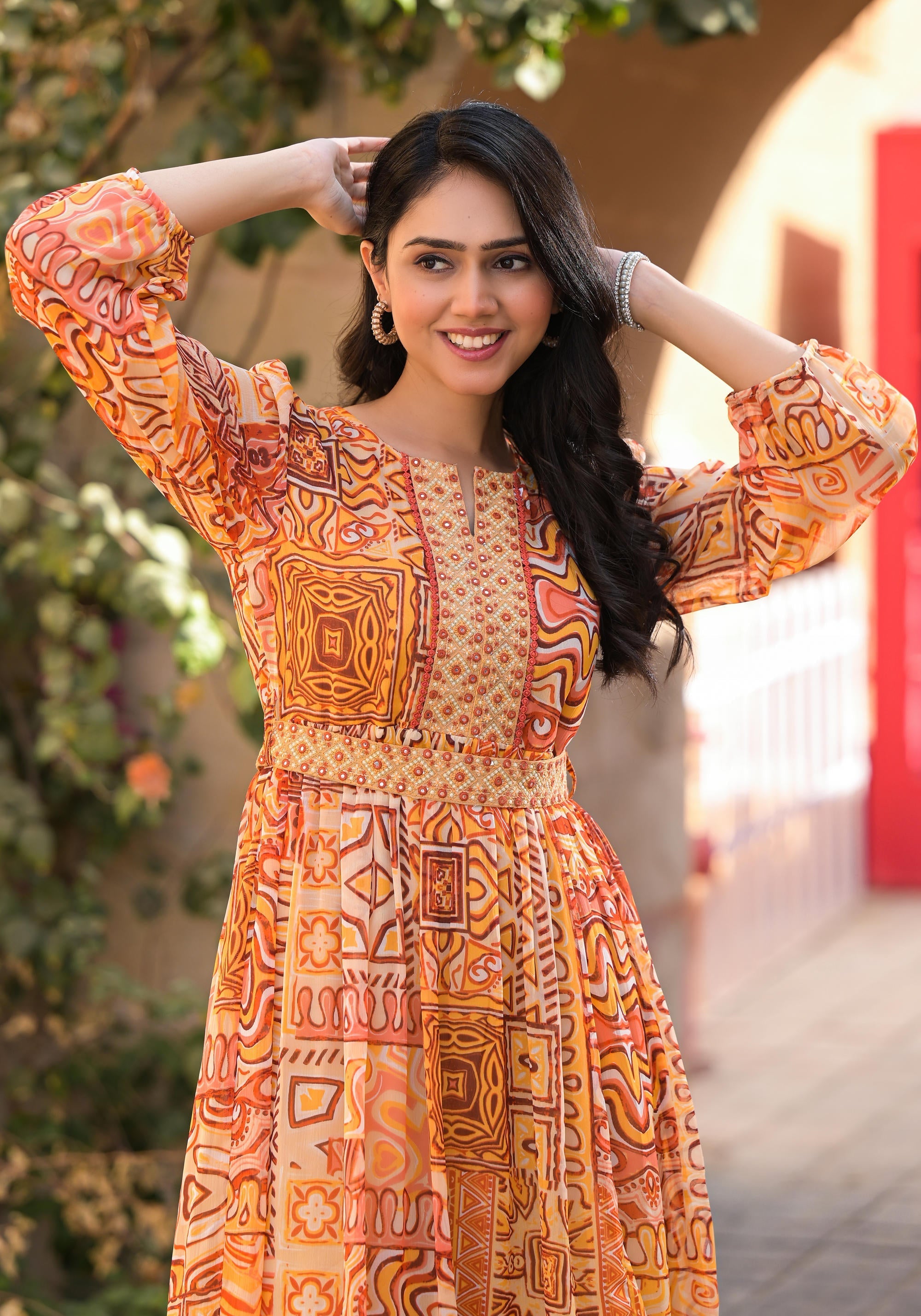 Juniper Women's Orange Abstract Printed Chiffon Long Dress With Belt