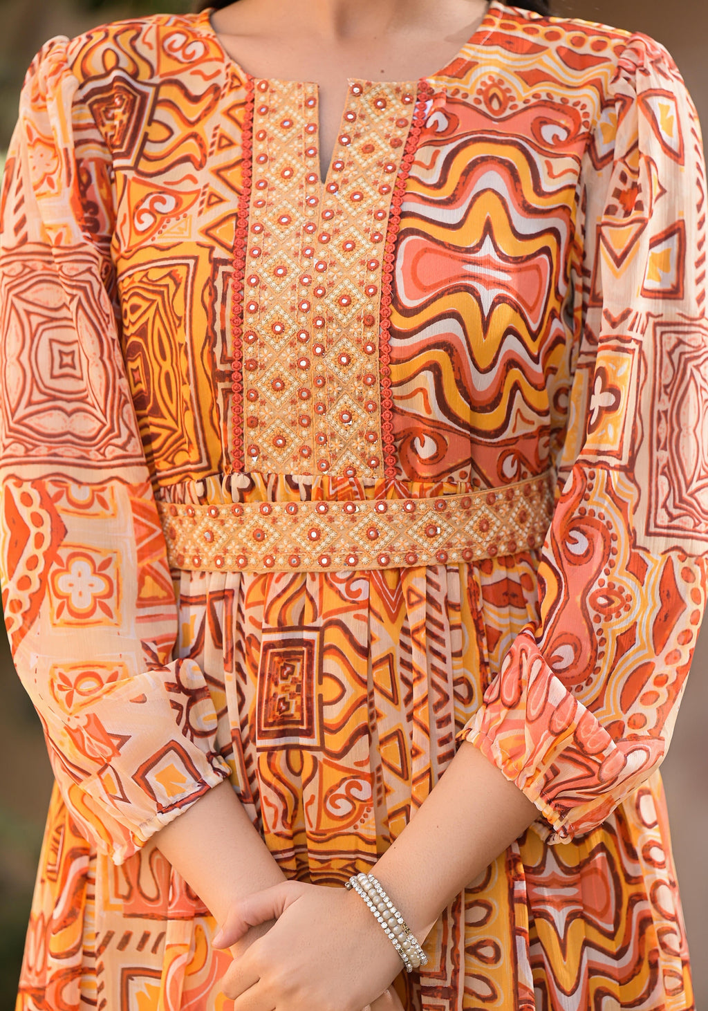 Juniper Women's Orange Abstract Printed Chiffon Long Dress With Belt