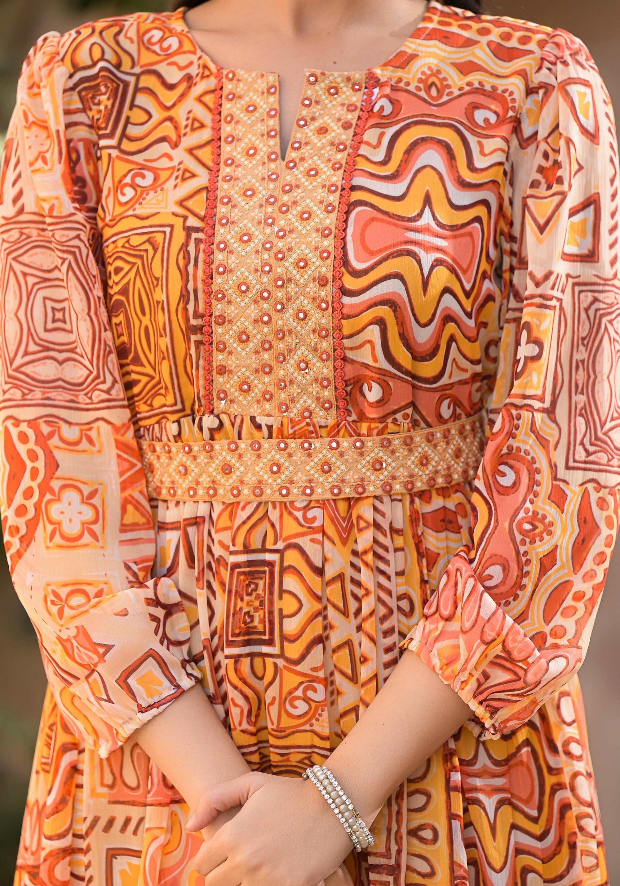 Juniper Women's Orange Abstract Printed Chiffon Long Dress With Belt