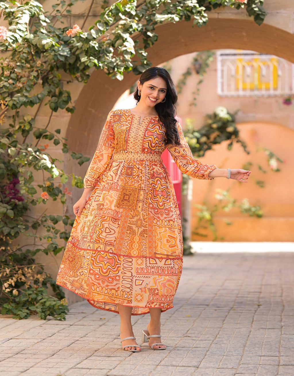 Juniper Women's Orange Abstract Printed Chiffon Long Dress With Belt