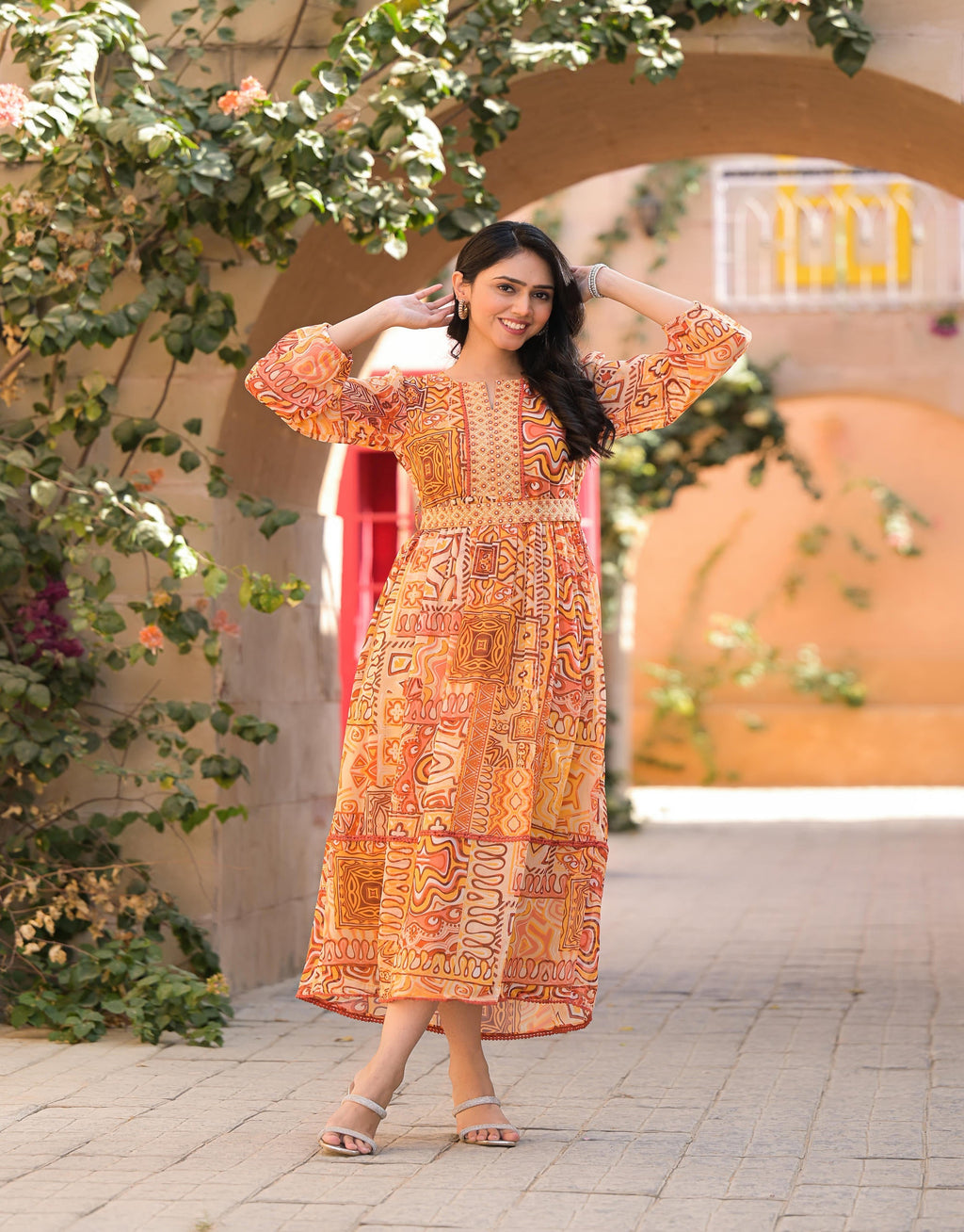 Juniper Women's Orange Abstract Printed Chiffon Long Dress With Belt