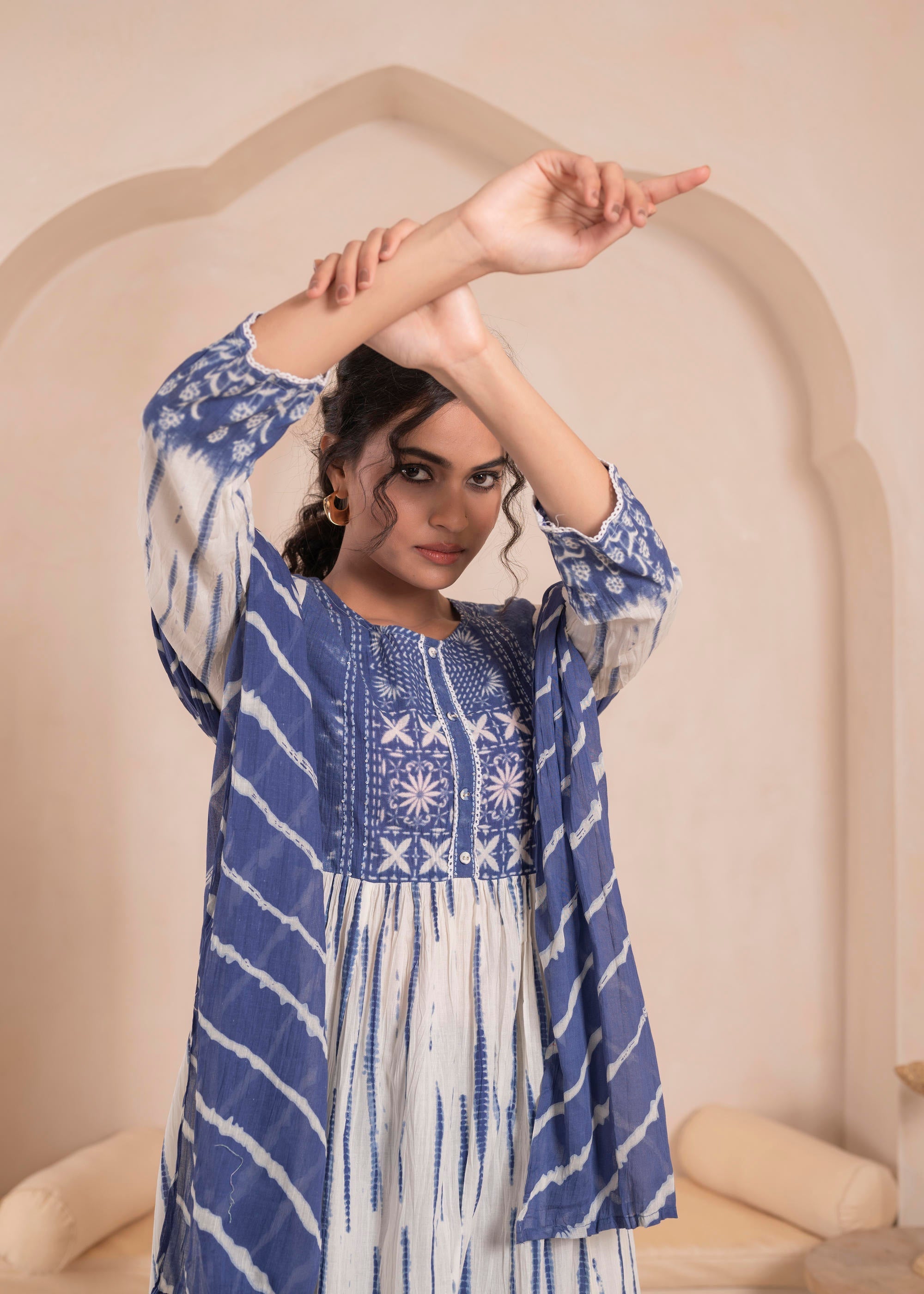 Juniper Navy blue and white kurta , solid bottom and tie -dye dupatta with cotton lace , buttons , sequince