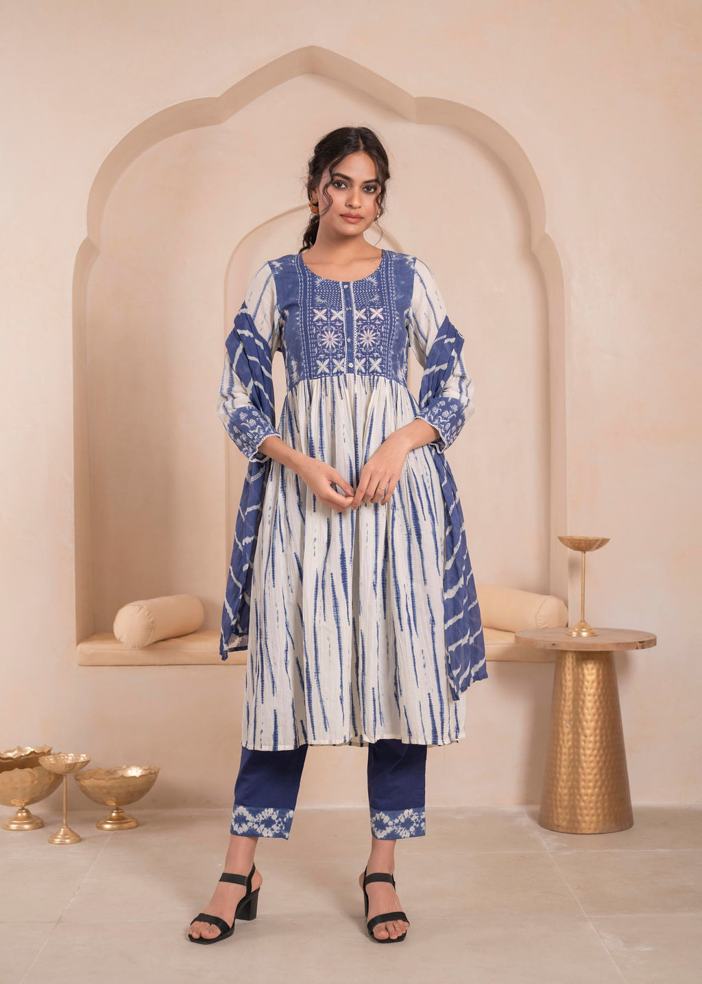 Juniper Navy blue and white kurta , solid bottom and tie -dye dupatta with cotton lace , buttons , sequince