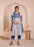 Juniper Navy blue and white kurta , solid bottom and tie -dye dupatta with cotton lace , buttons , sequince