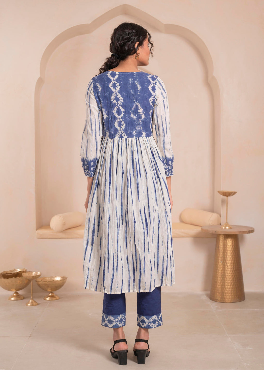 Juniper Navy Blue And White Kurta , Solid Bottom And Tie -Dye Dupatta With Cotton Lace , Buttons , Sequin