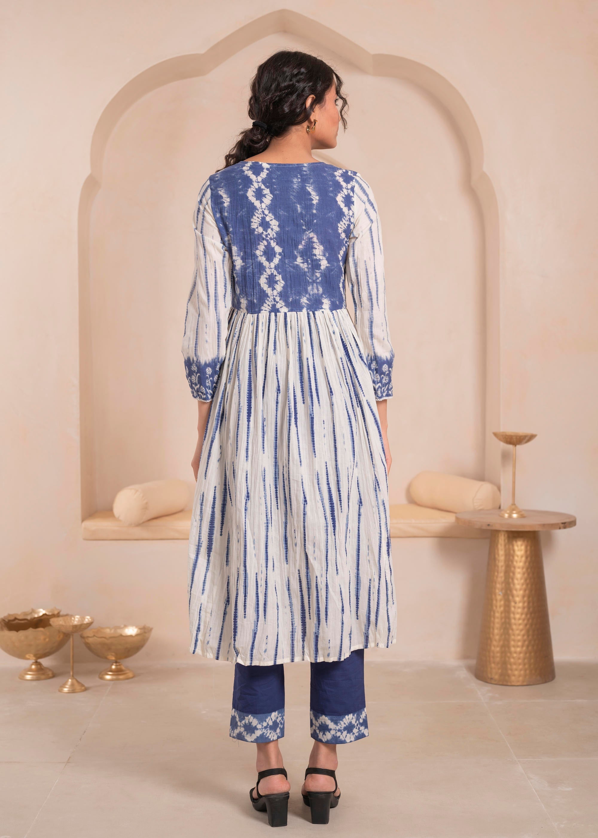 Juniper Navy Blue And White Kurta , Solid Bottom And Tie -Dye Dupatta With Cotton Lace , Buttons , Sequin