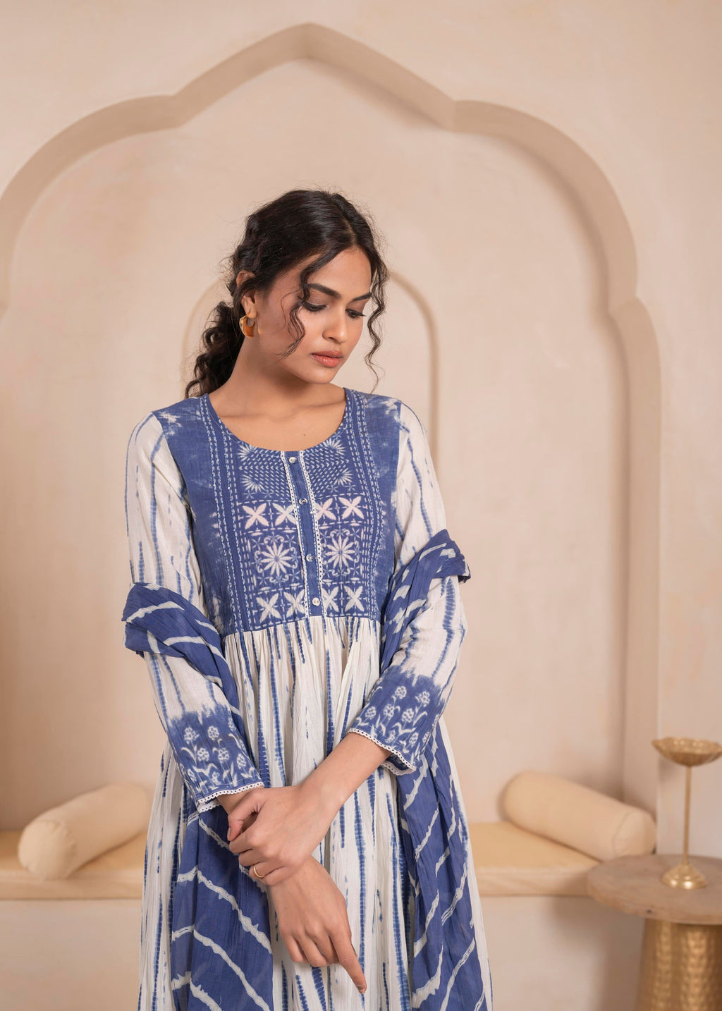 Juniper Navy Blue And White Kurta , Solid Bottom And Tie -Dye Dupatta With Cotton Lace , Buttons , Sequin