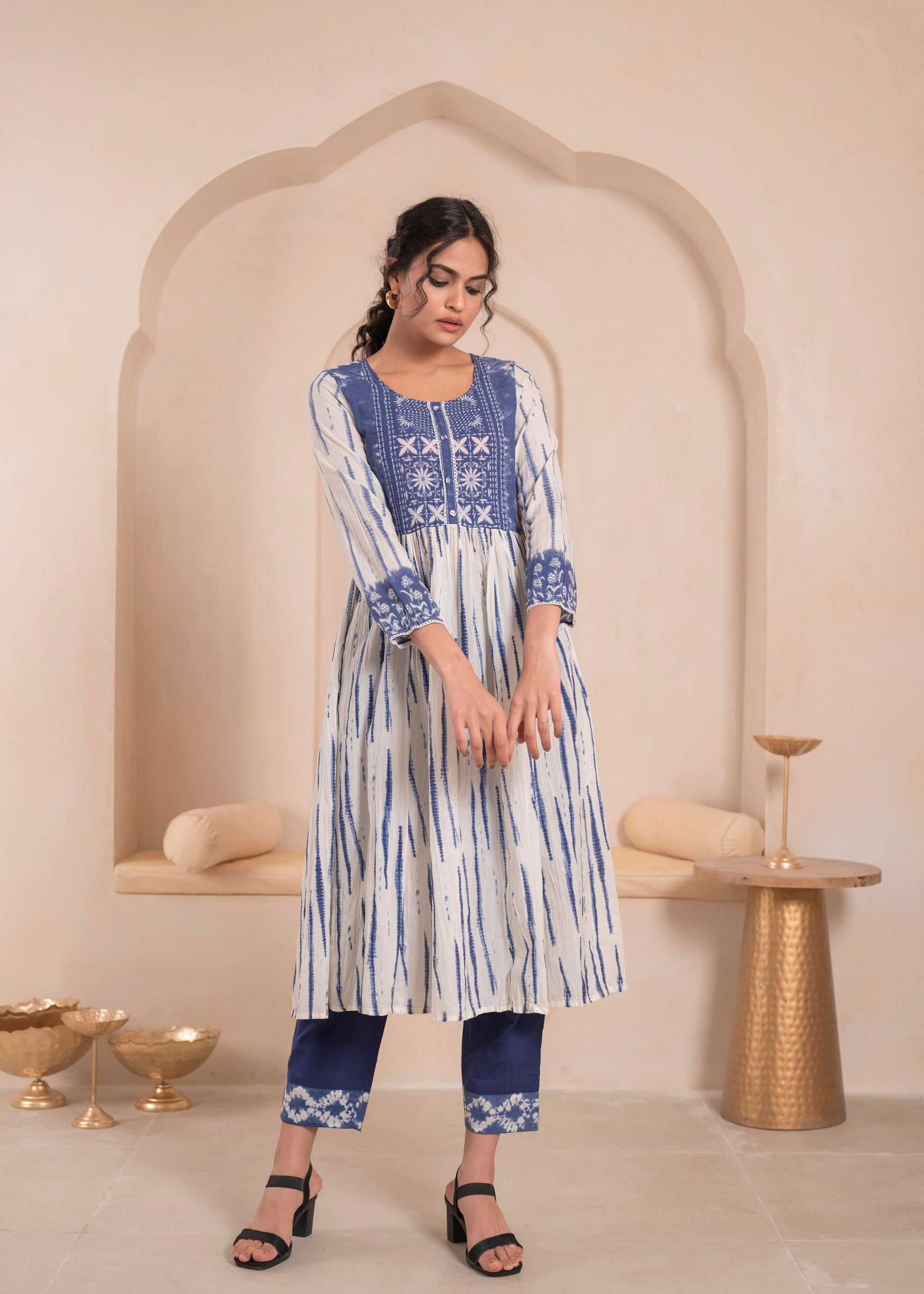 Juniper Navy Blue And White Kurta , Solid Bottom And Tie -Dye Dupatta With Cotton Lace , Buttons , Sequin