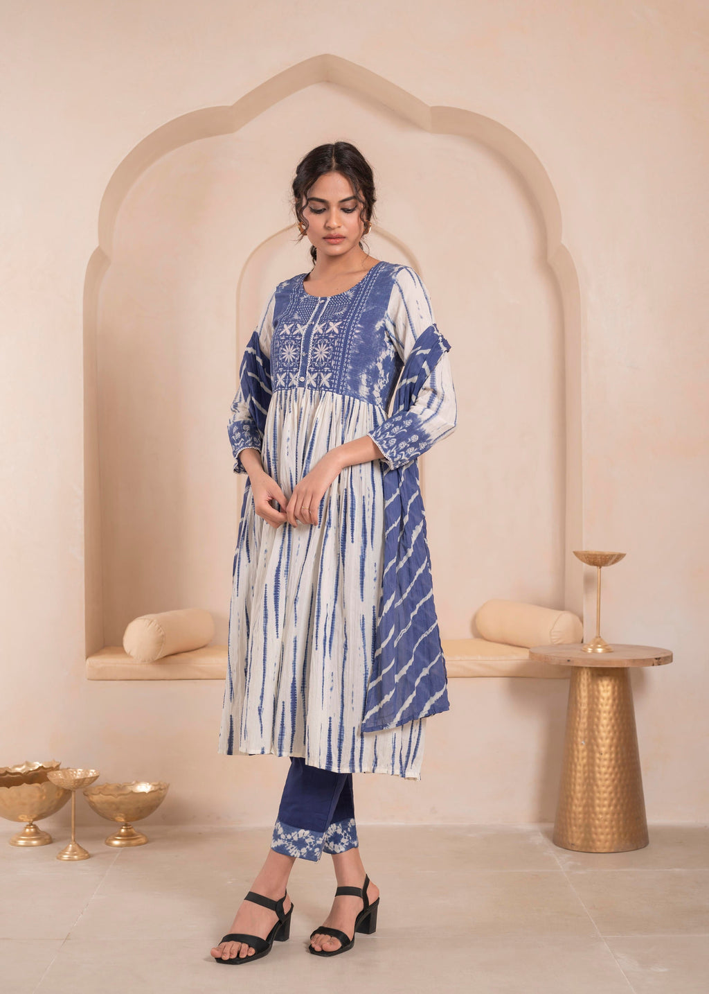 Juniper Navy blue and white kurta , solid bottom and tie -dye dupatta with cotton lace , buttons , sequince