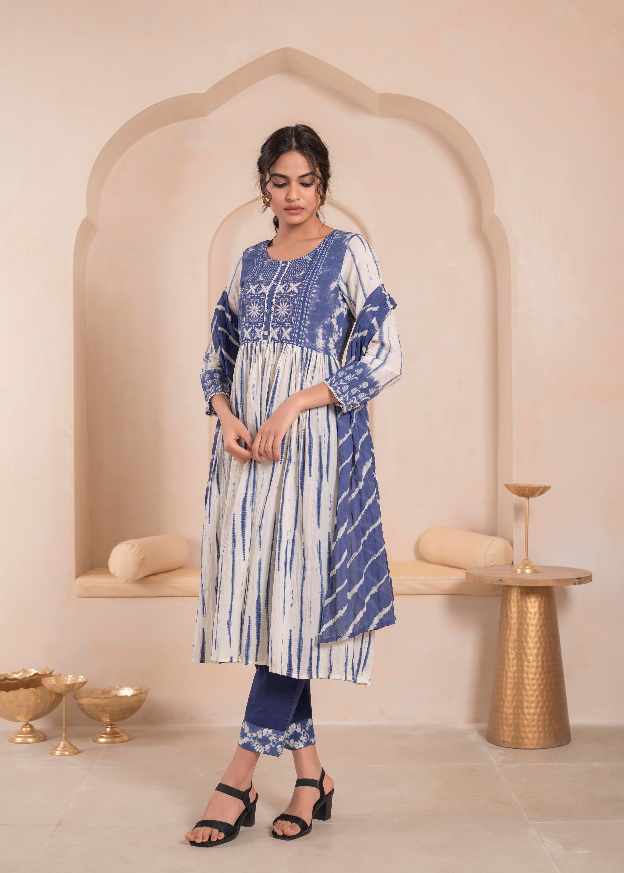 Juniper Navy blue and white kurta , solid bottom and tie -dye dupatta with cotton lace , buttons , sequince