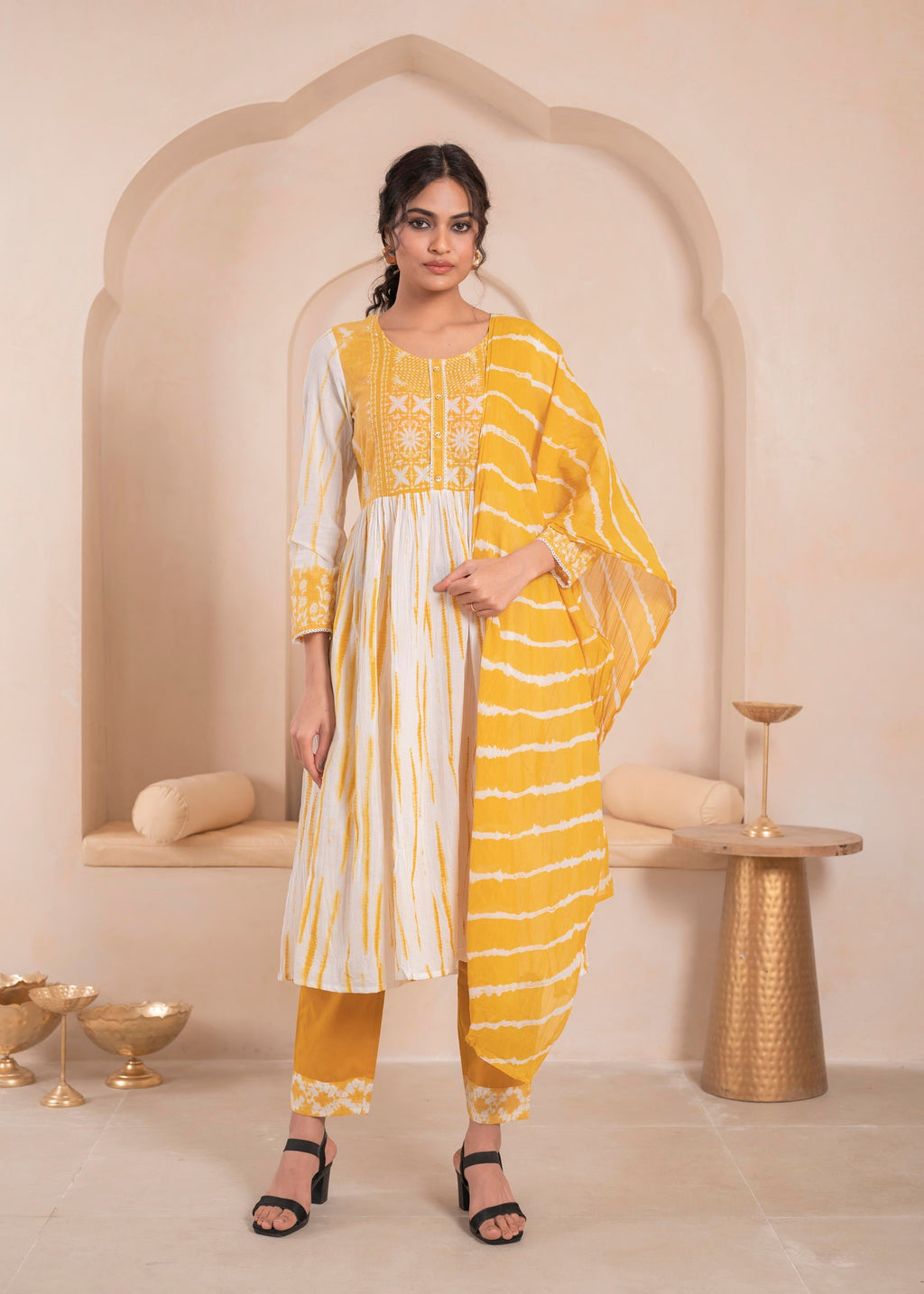Juniper Mustard And White Kurta , Solid Bottom And Tie - Dye Dupatta With Cotton Lace , Buttons , Sequin