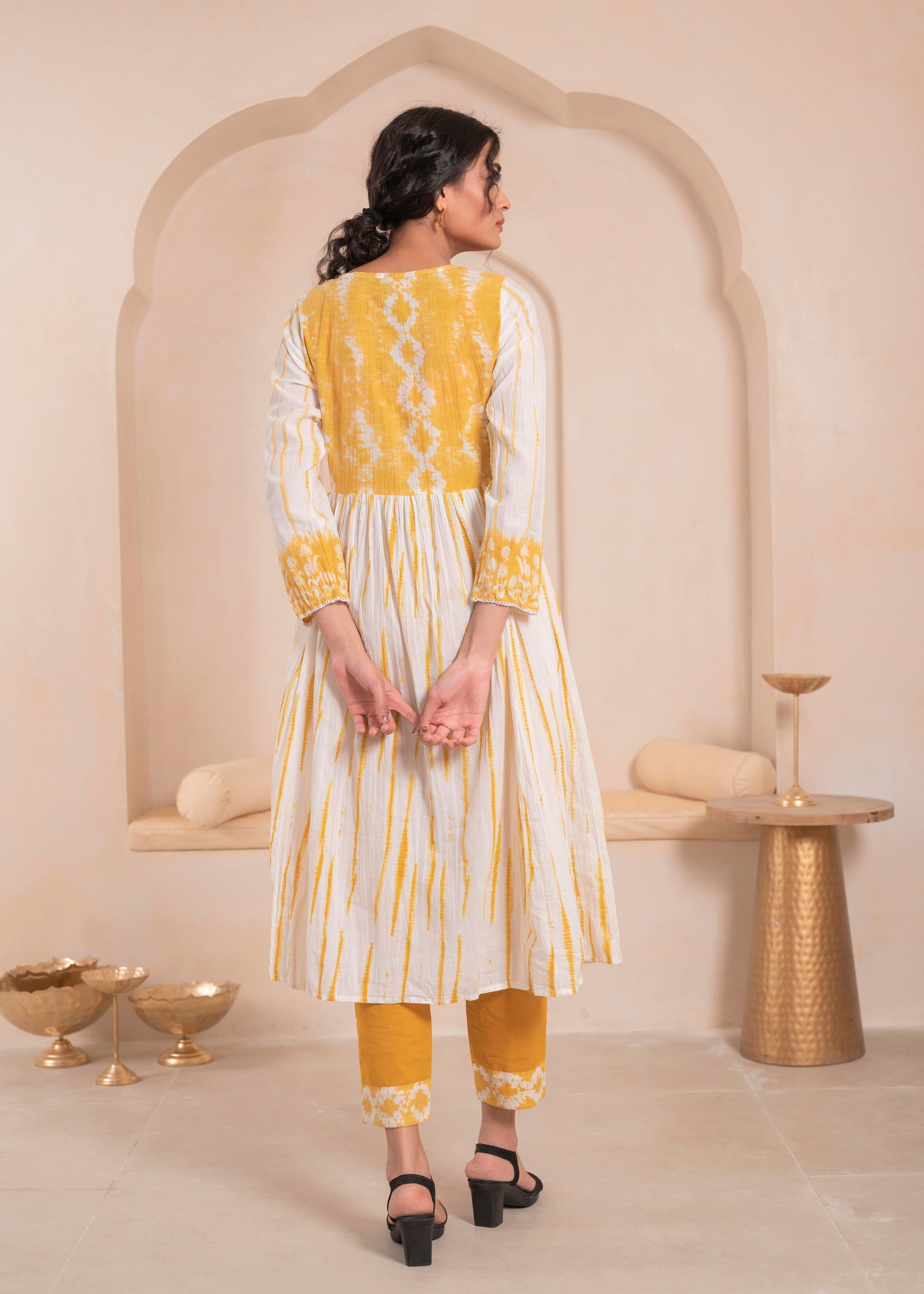 Juniper Mustard And White Kurta , Solid Bottom And Tie - Dye Dupatta With Cotton Lace , Buttons , Sequin