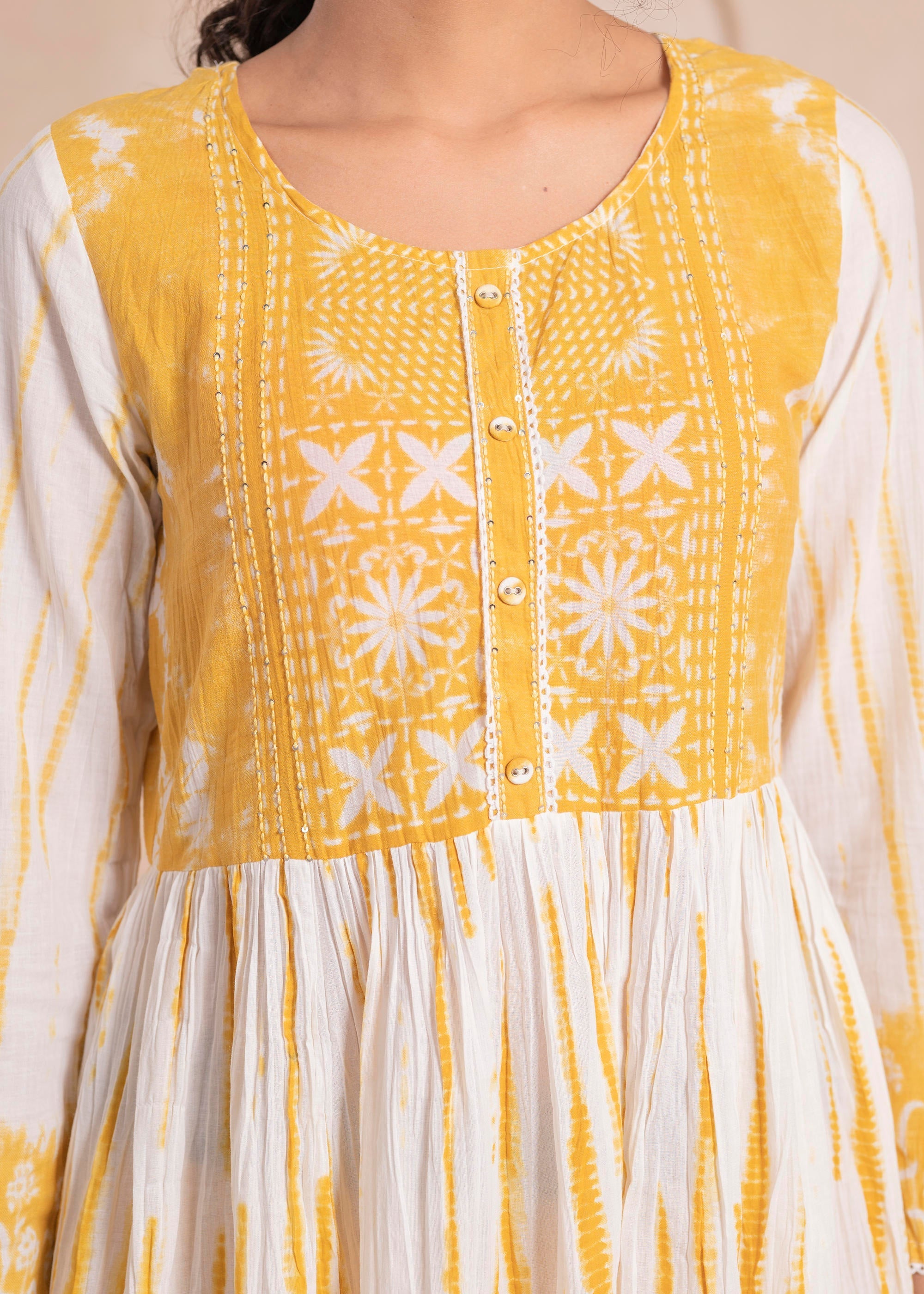 Juniper Mustard And White Kurta , Solid Bottom And Tie - Dye Dupatta With Cotton Lace , Buttons , Sequin