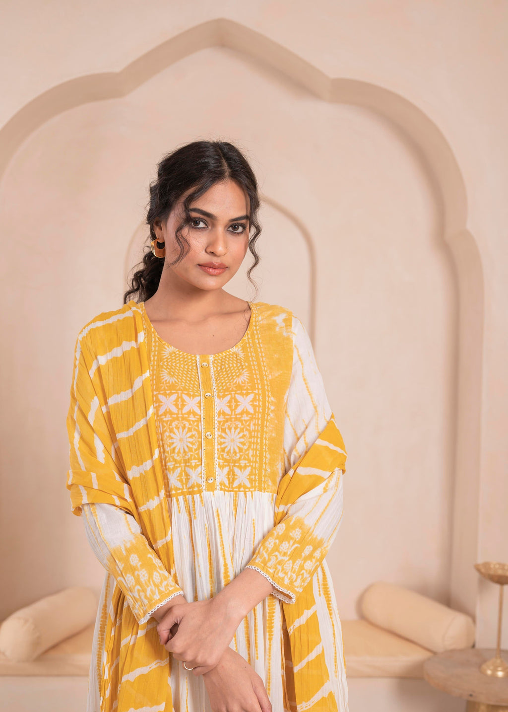 Juniper Mustard And White Kurta , Solid Bottom And Tie - Dye Dupatta With Cotton Lace , Buttons , Sequin
