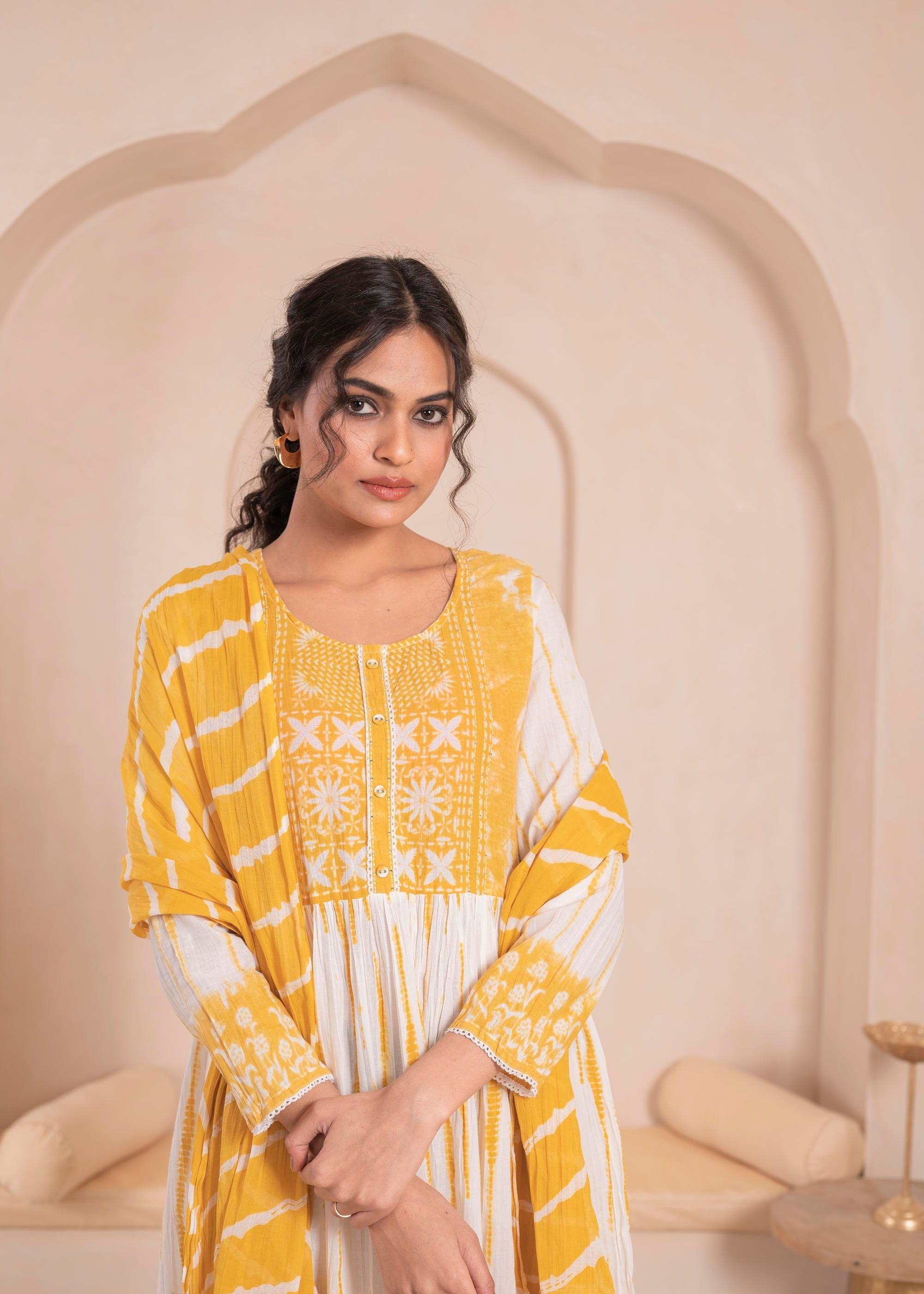 Juniper Mustard And White Kurta , Solid Bottom And Tie - Dye Dupatta With Cotton Lace , Buttons , Sequin