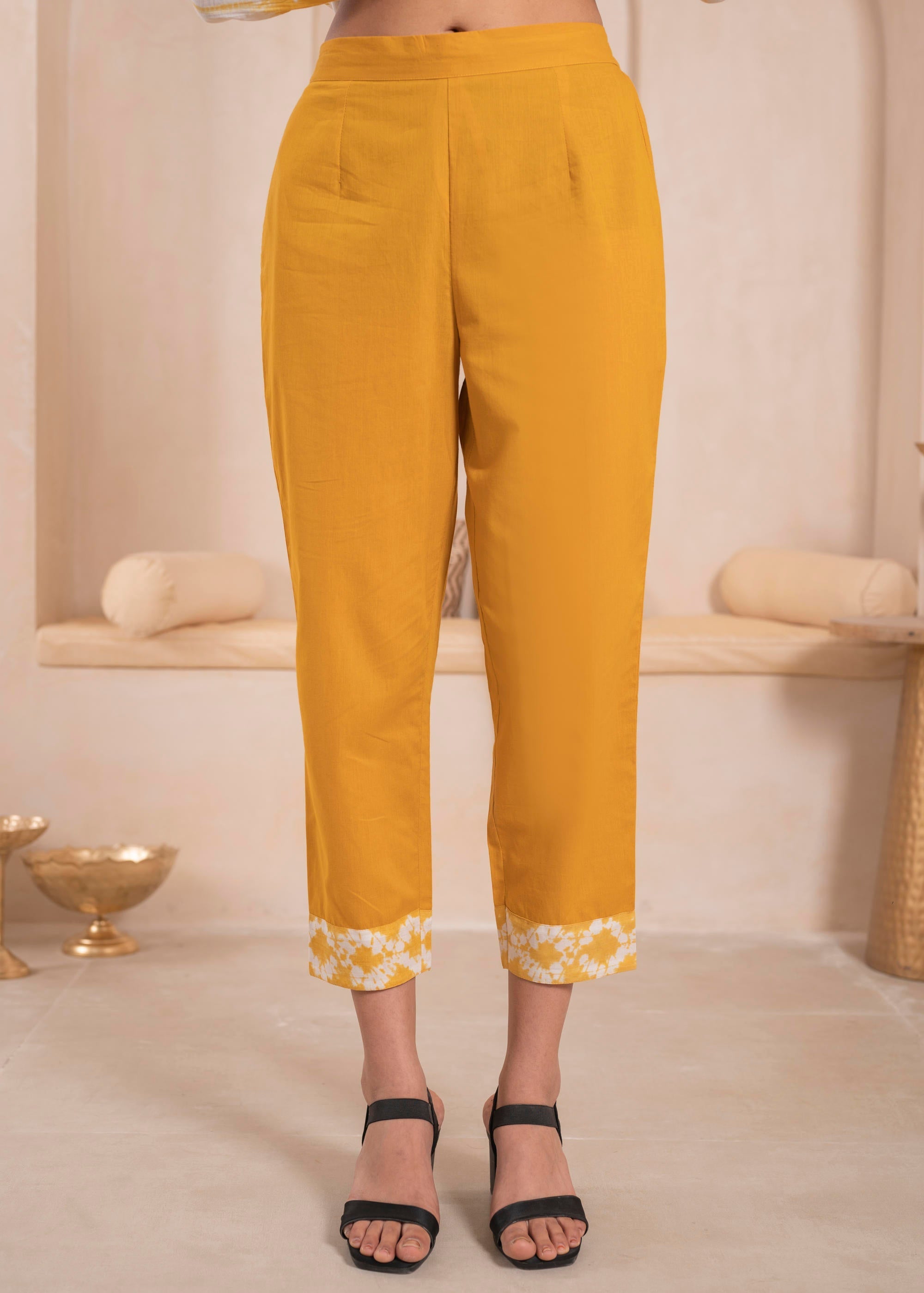 Juniper Mustered and white kurta , solid bottom and tie - dye dupatta with cotton lace , buttons , sequence