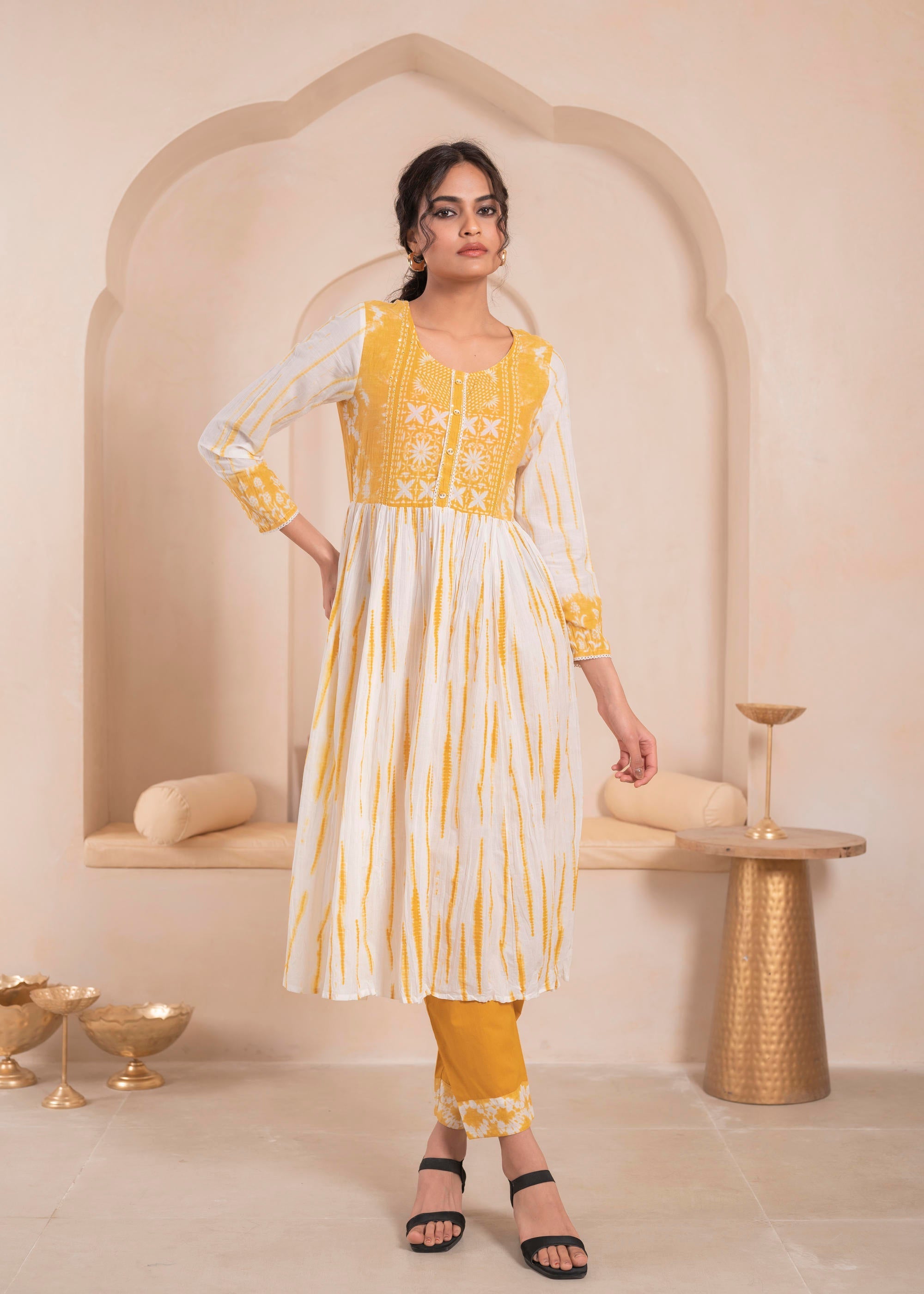 Juniper Mustered and white kurta , solid bottom and tie - dye dupatta with cotton lace , buttons , sequence