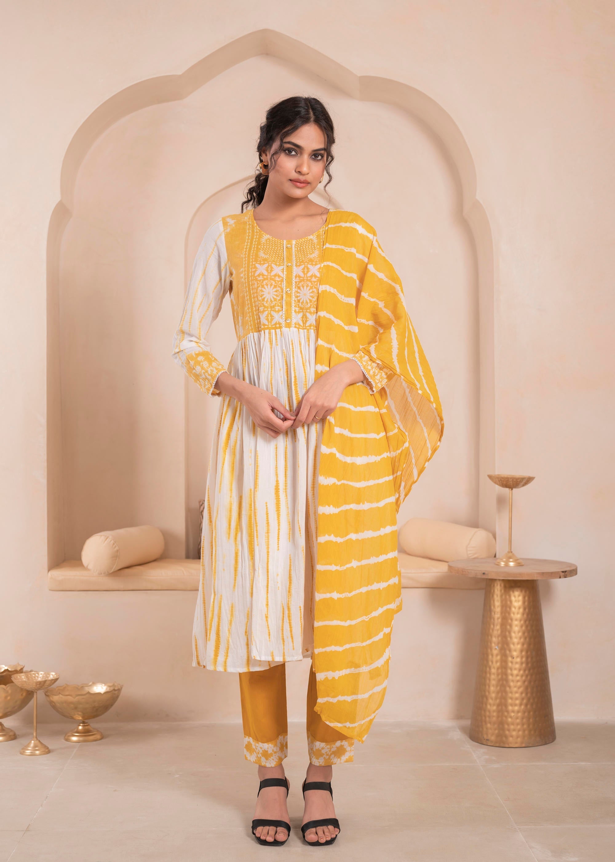 Juniper Mustered and white kurta , solid bottom and tie - dye dupatta with cotton lace , buttons , sequence