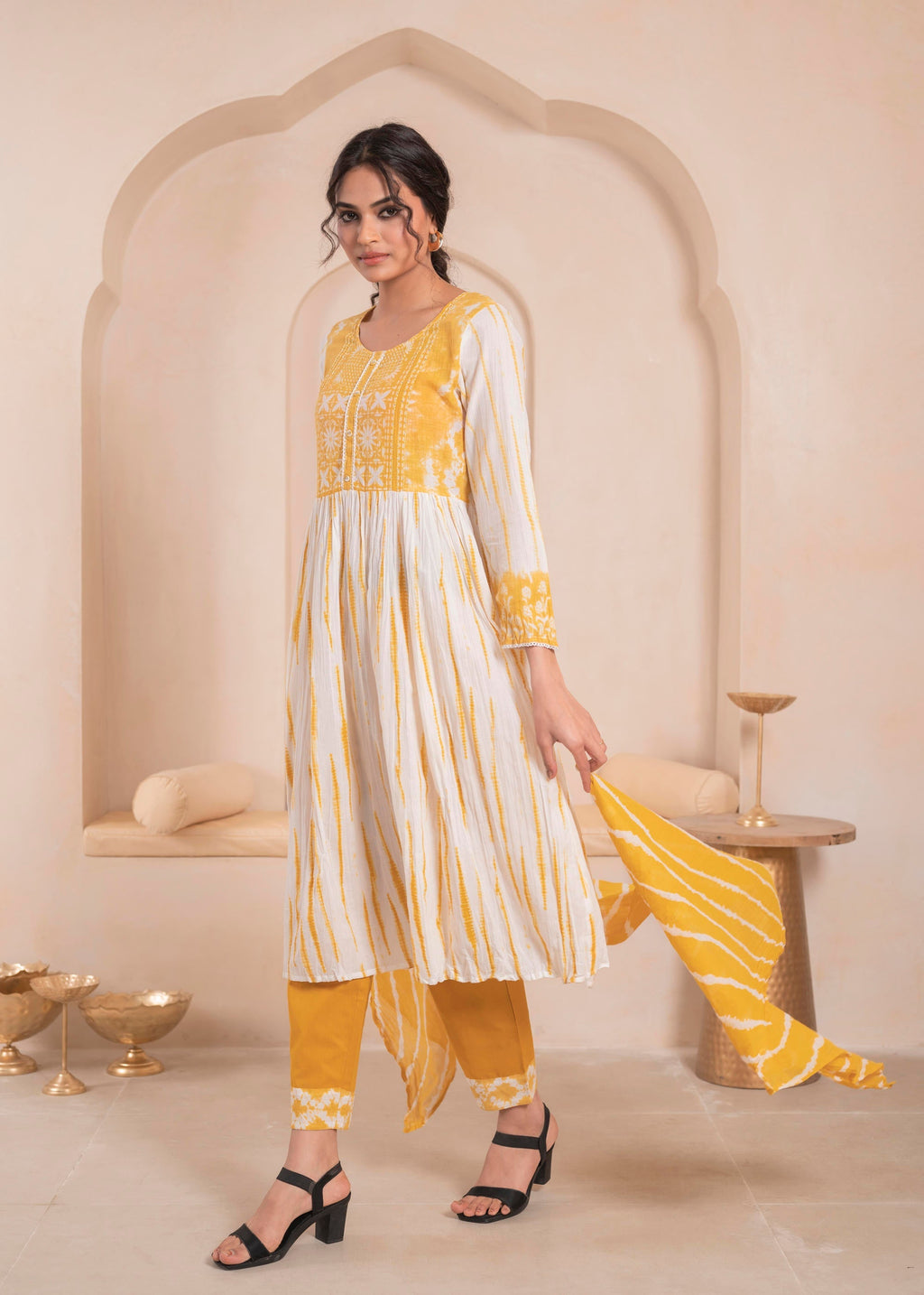 Juniper Mustered and white kurta , solid bottom and tie - dye dupatta with cotton lace , buttons , sequence