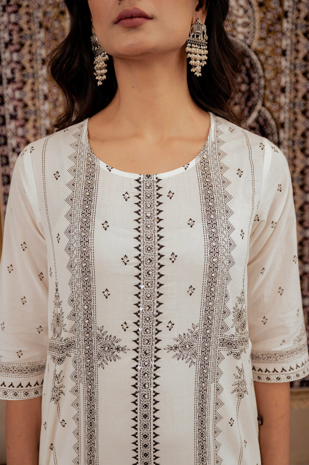Juniper Black & White Geometric Printed Cotton Kurta With Palazzo & Printed Dupatta
