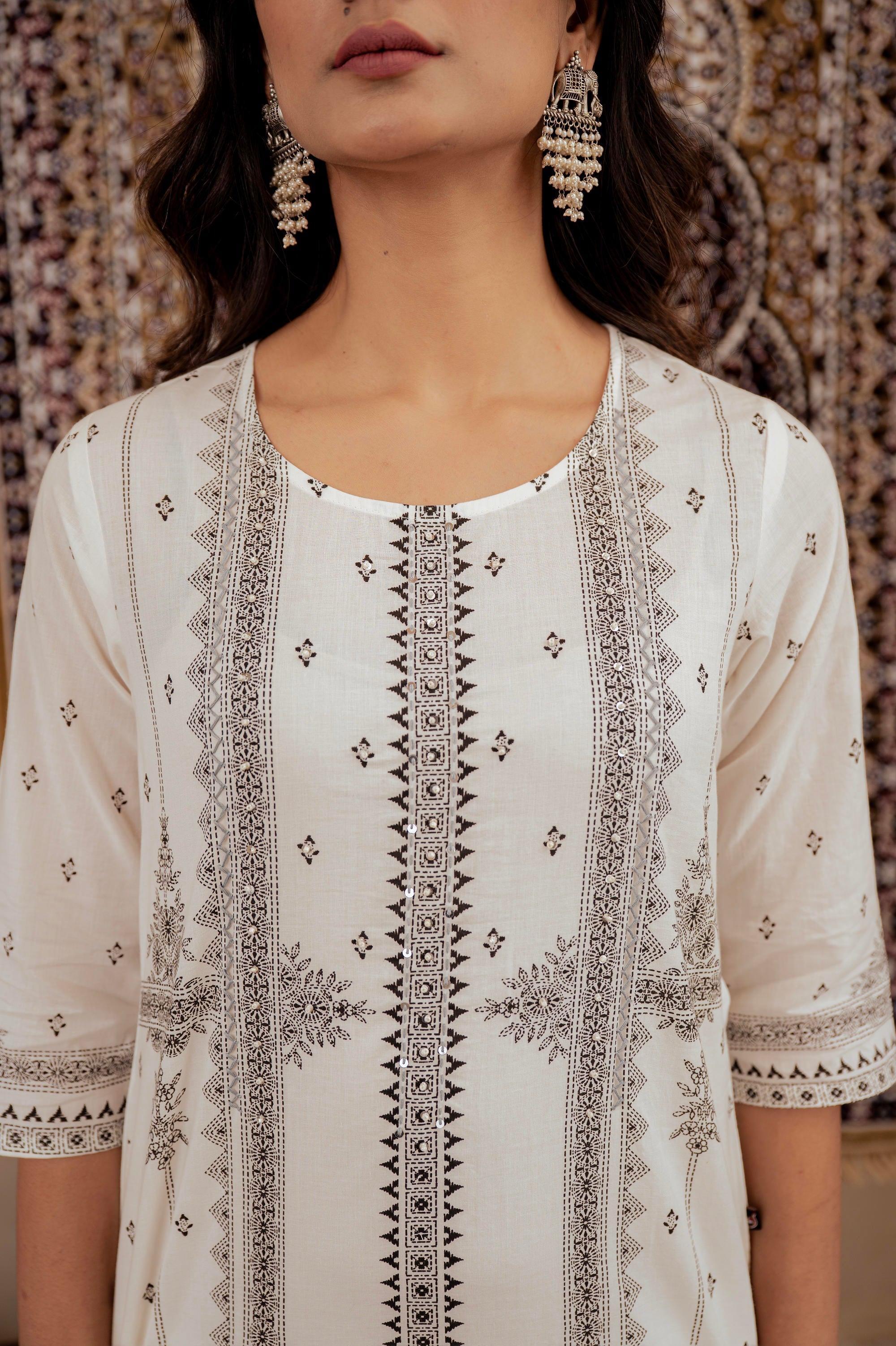Juniper Black & White Geometric Printed Cotton Kurta With Palazzo & Printed Dupatta
