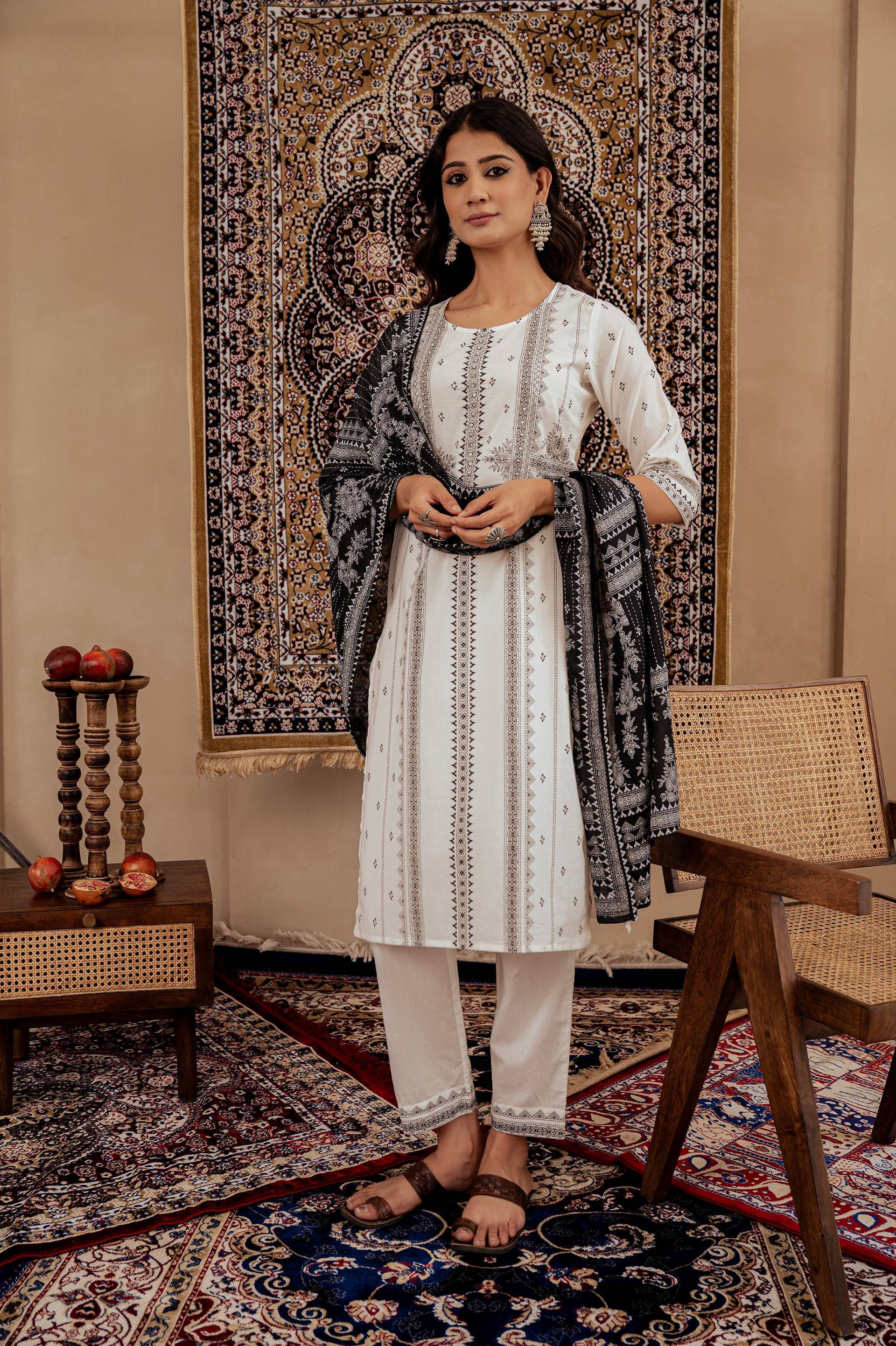 Juniper Black & White Geometric Printed Cotton Kurta With Palazzo & Printed Dupatta