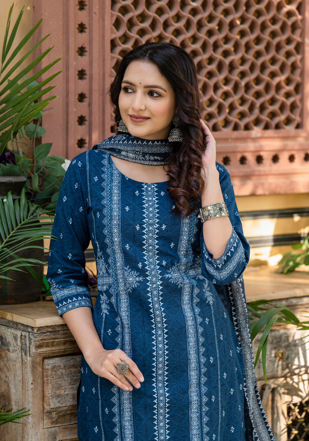 Juniper Indigo Blue Printed Kurta Set With Dupatta