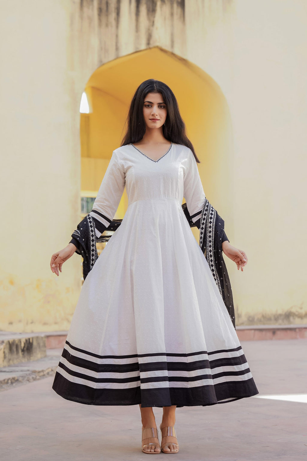 Juniper White Ethnic Motif Printed Dress & Dupatta Set With Thread Work