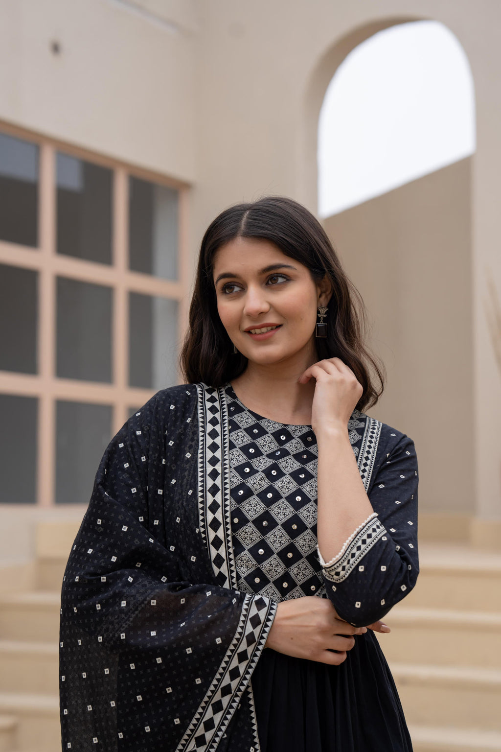 Juniper Black Anarkali Dress With Embroidered Dupatta