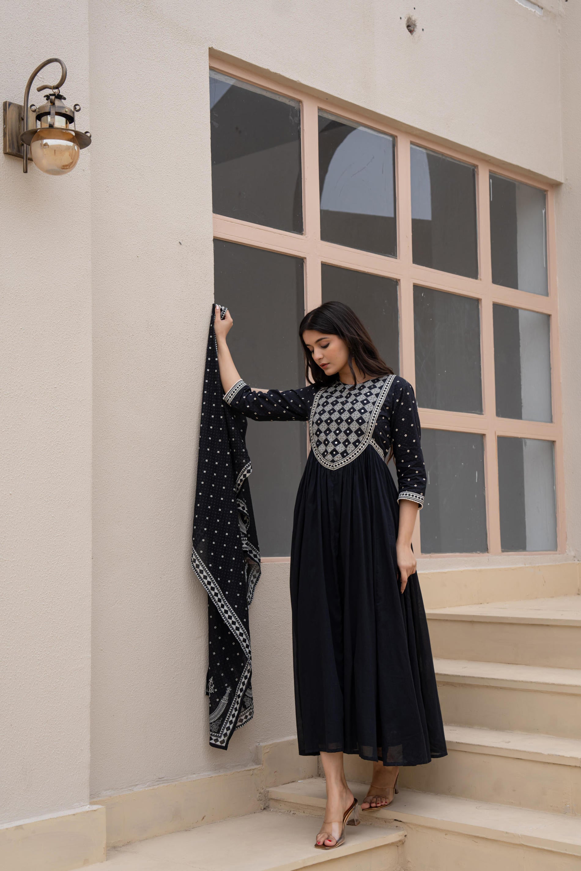 Juniper Black Anarkali Dress with Embroidered Dupatta