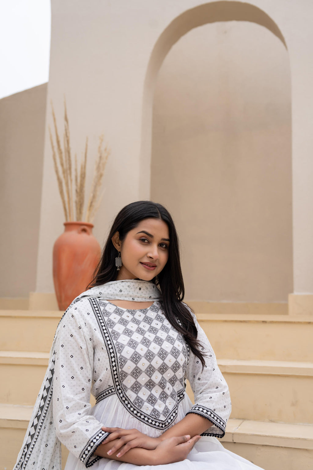 Juniper White Anarkali Dress with Embroidered Dupatta