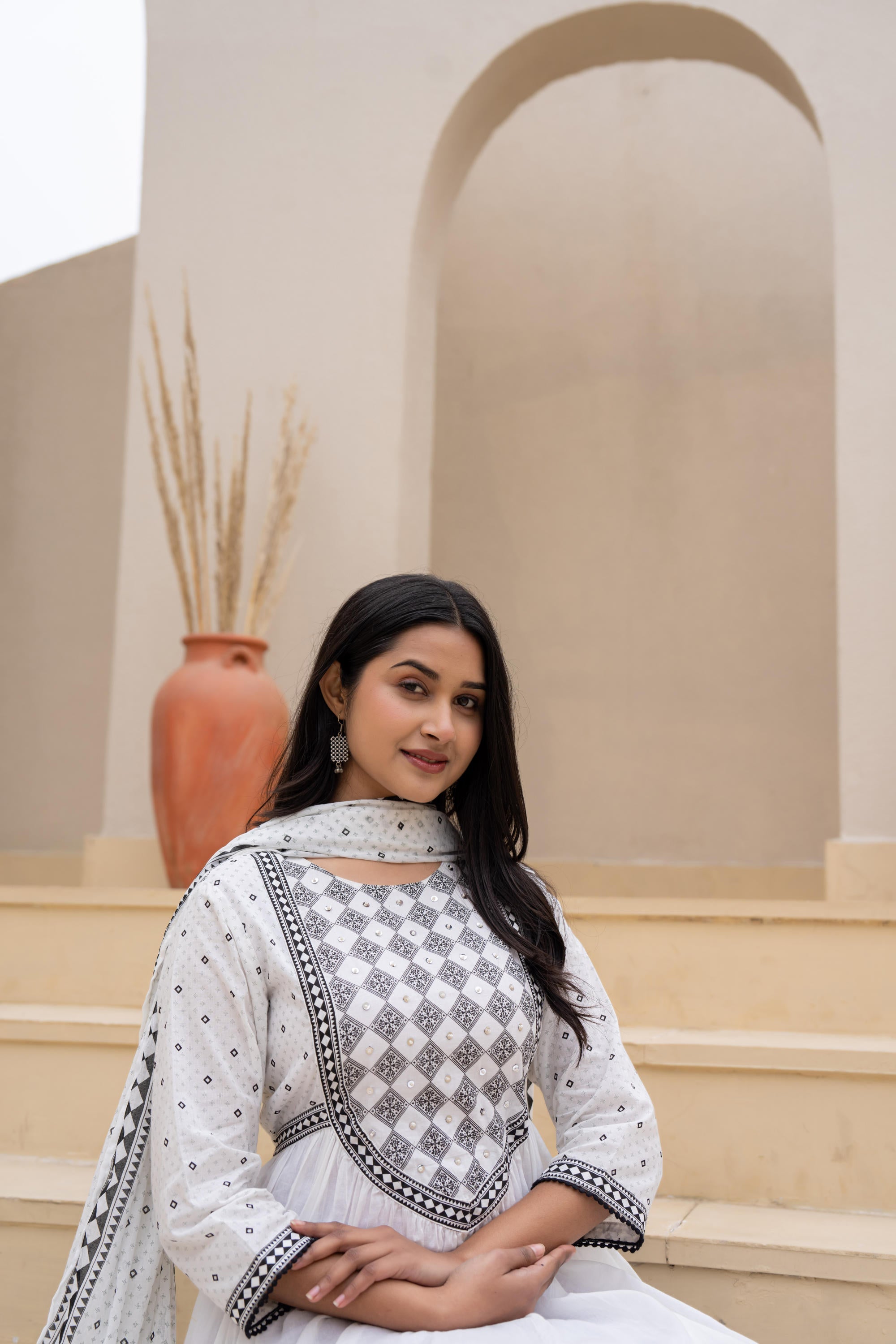 Juniper White Anarkali Dress with Embroidered Dupatta