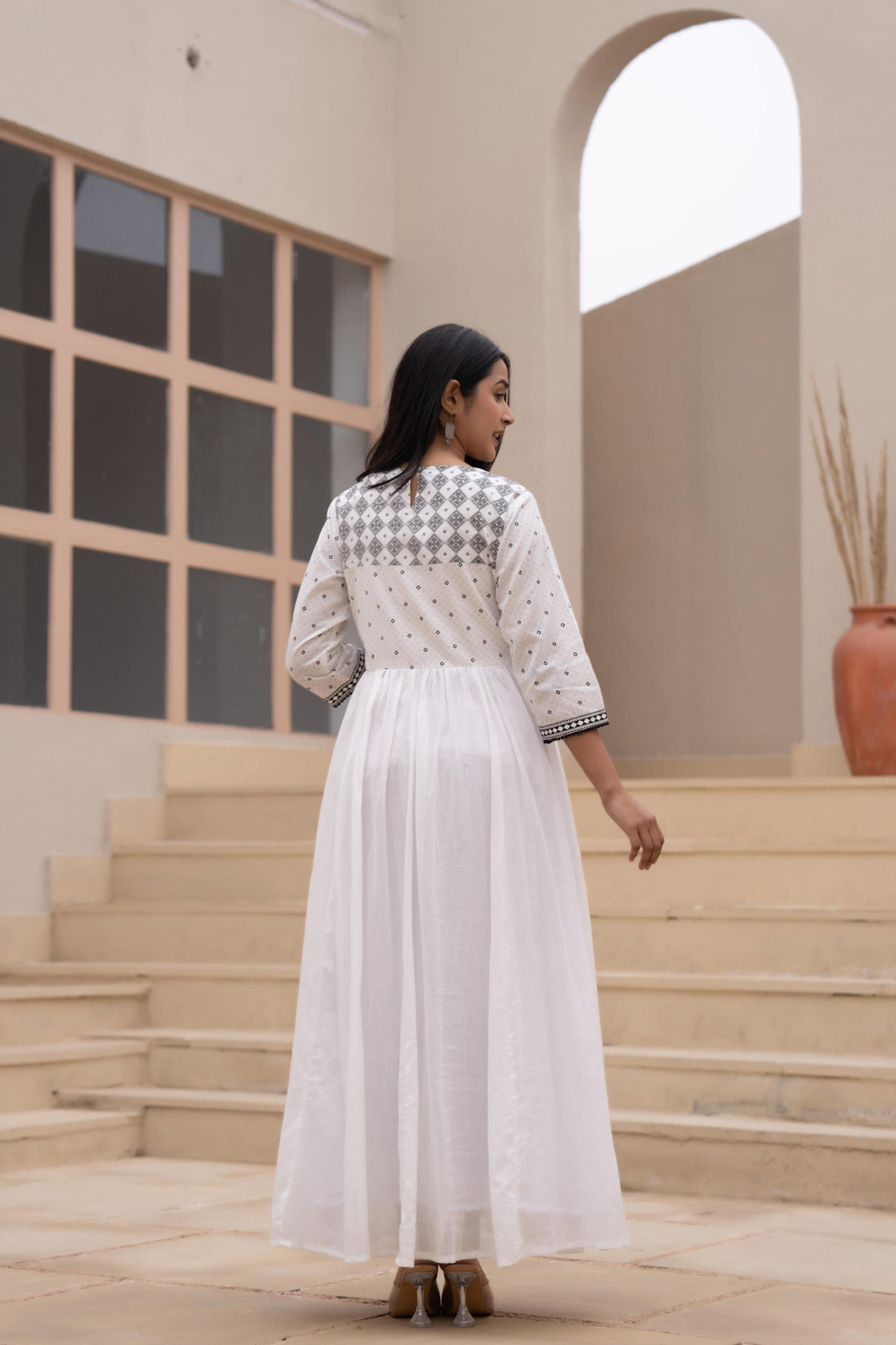 Juniper White Anarkali Dress with Embroidered Dupatta