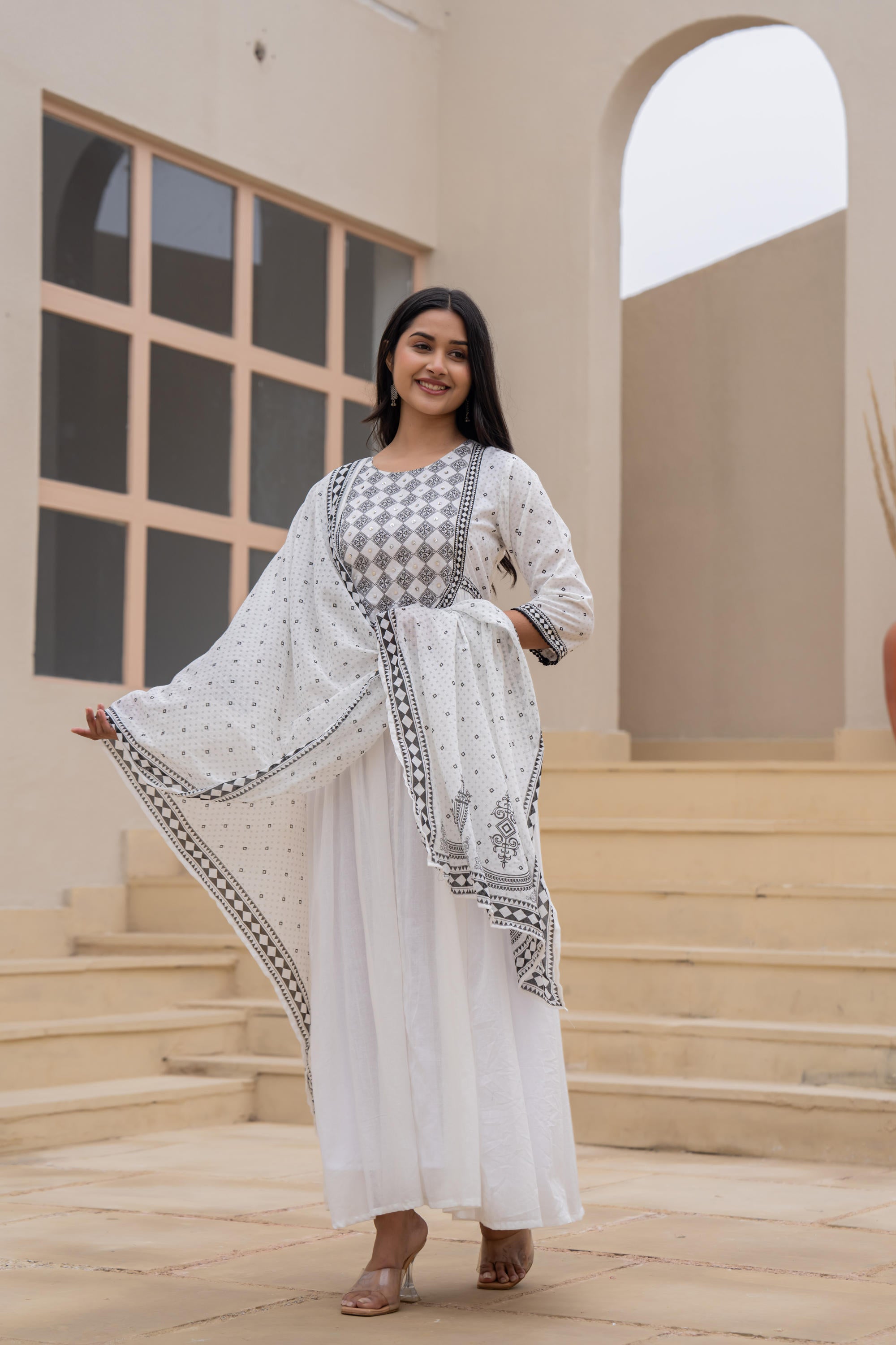 Juniper White Anarkali Dress with Embroidered Dupatta